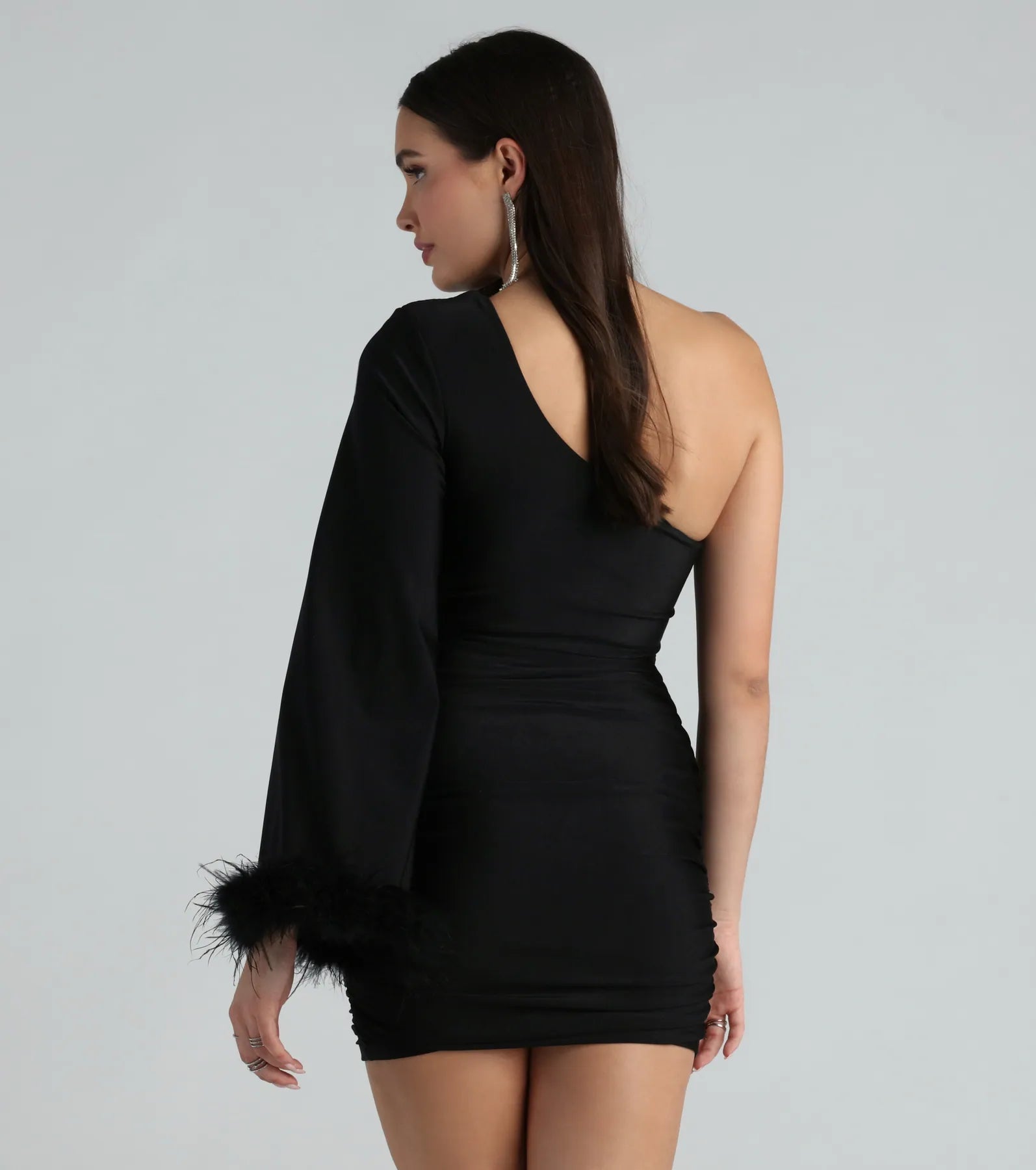 Brielle Premium One-Shoulder Feather Trim Party Dress