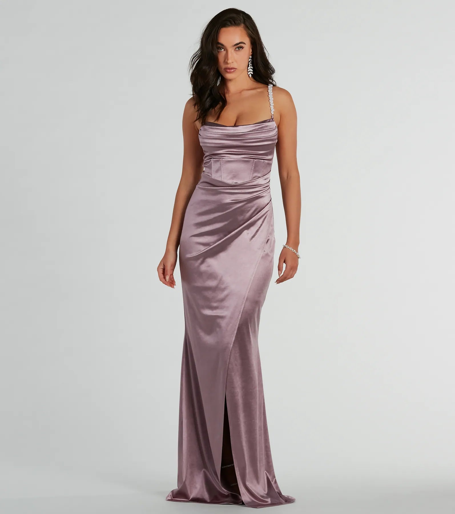 Premium Sam Faux Pearl Strap Mermaid Satin Gown