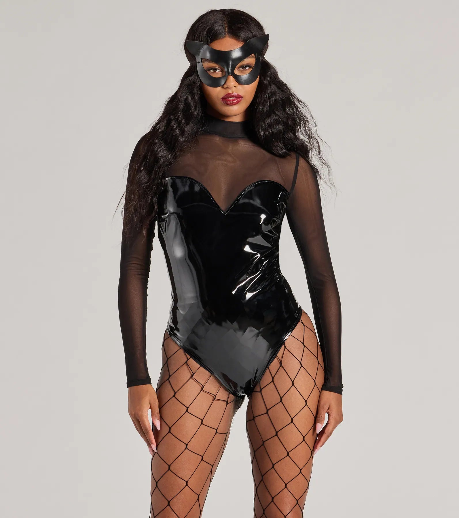 Ultimate Feline Fantasy: Mesh & Faux Leather Bodysuit