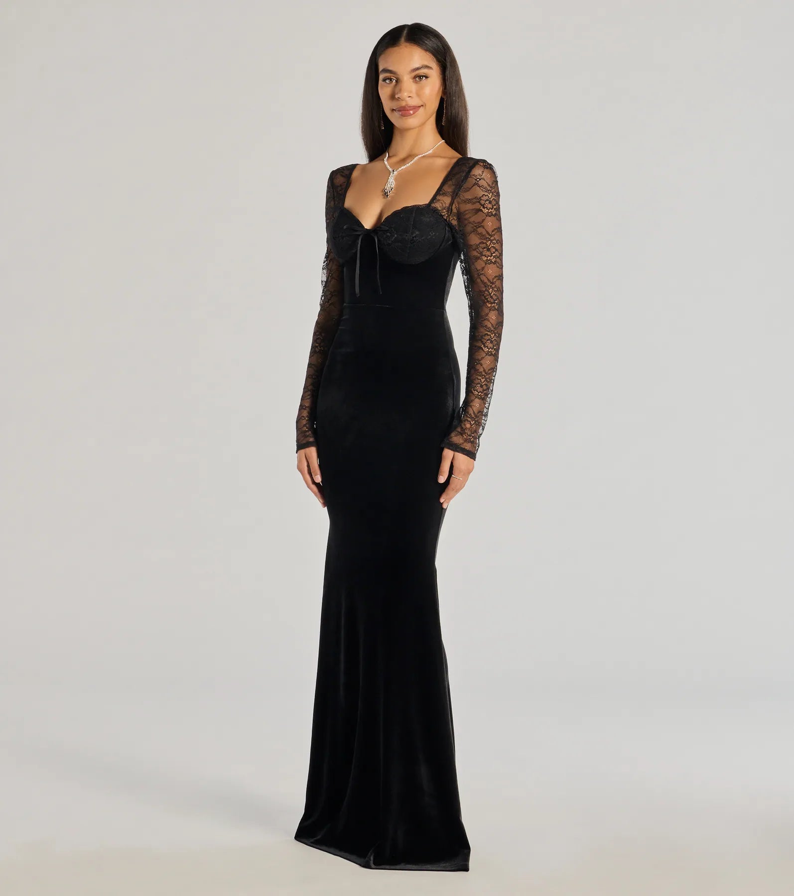 Premium Jaya Long Sleeve Lace & Velvet Evening Gown