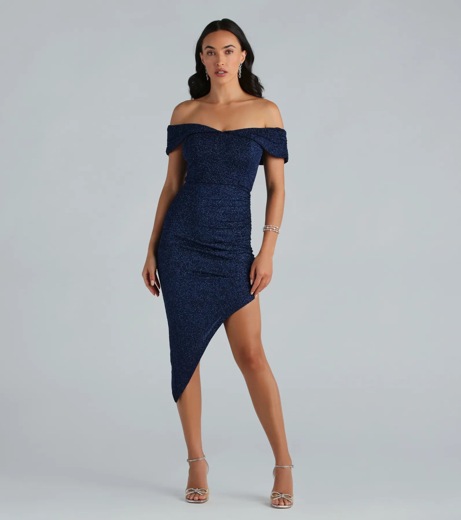 Ultimate Sparkle Off-The-Shoulder Glitter Midi Dress