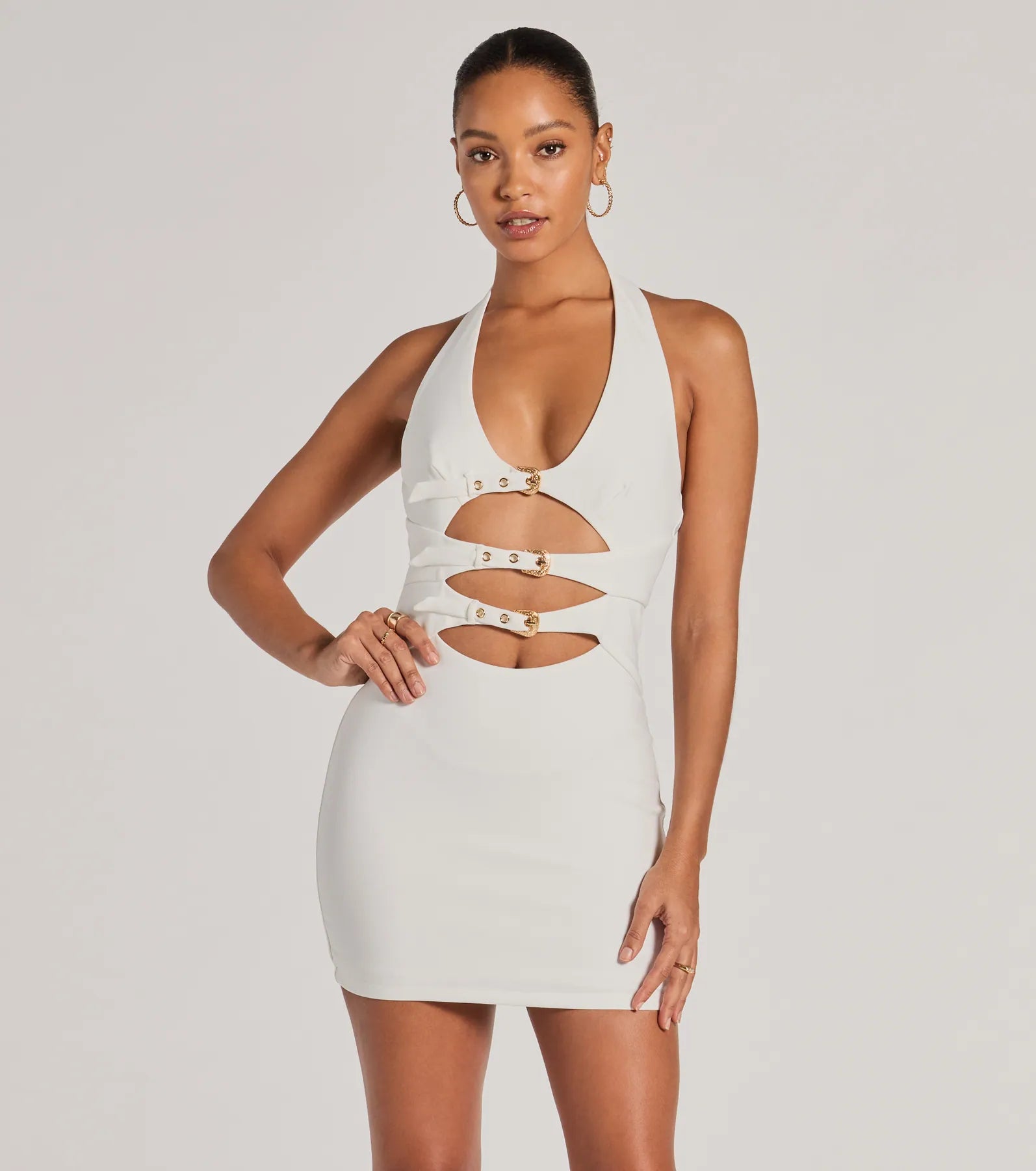 Ultimate Bold Cutie Halter Buckle Crepe Mini Dress - Night Out Essential