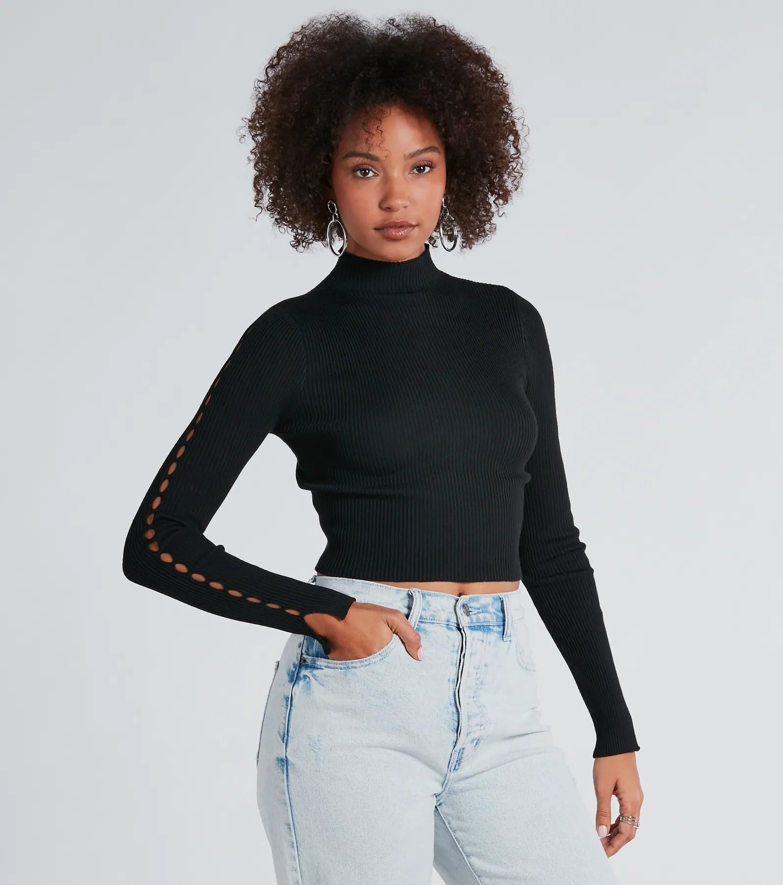 Ultimate Chic Mock Neck Crop Top - Long Sleeve Stretch Knit