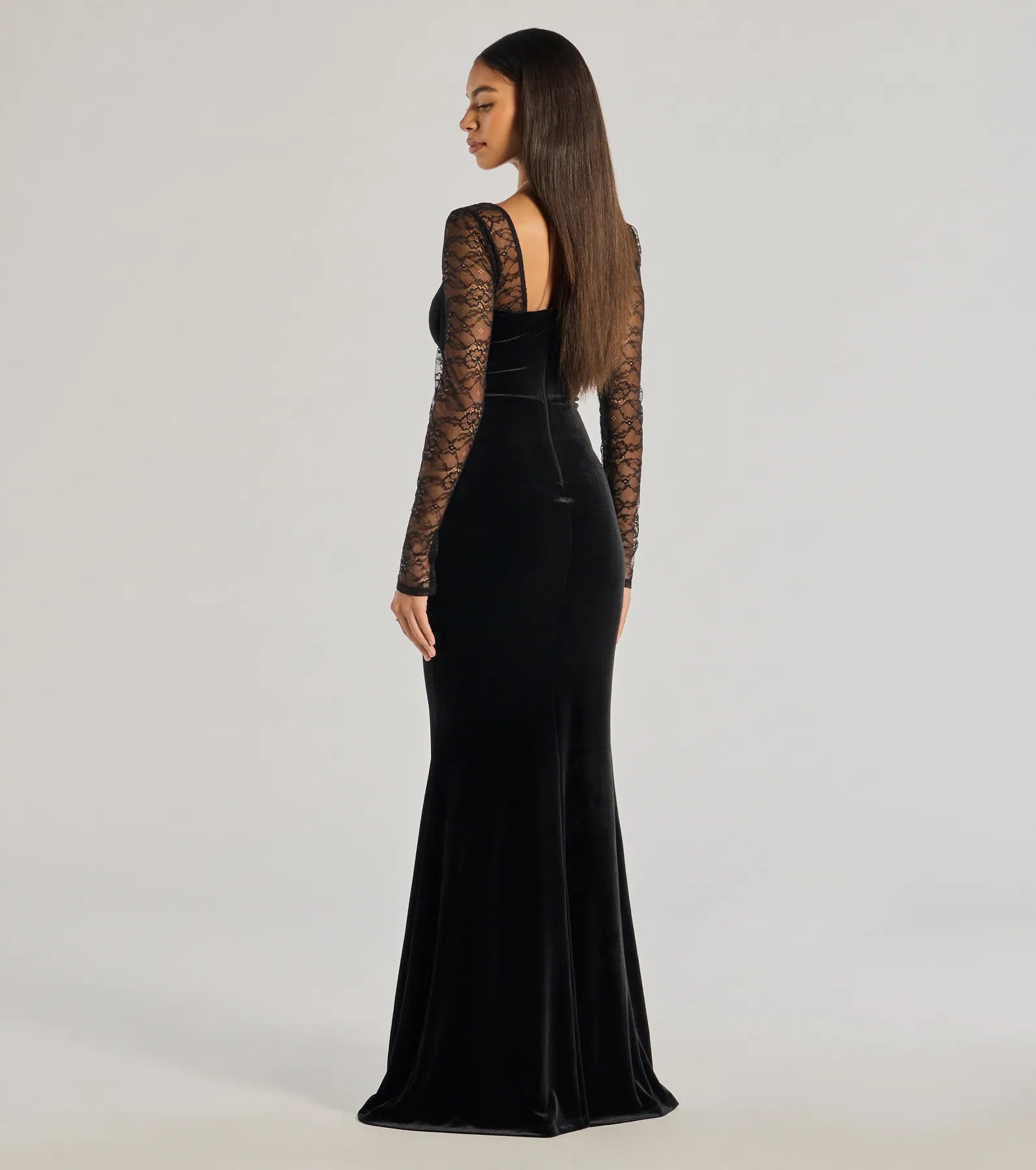 Premium Jaya Long Sleeve Lace & Velvet Evening Gown