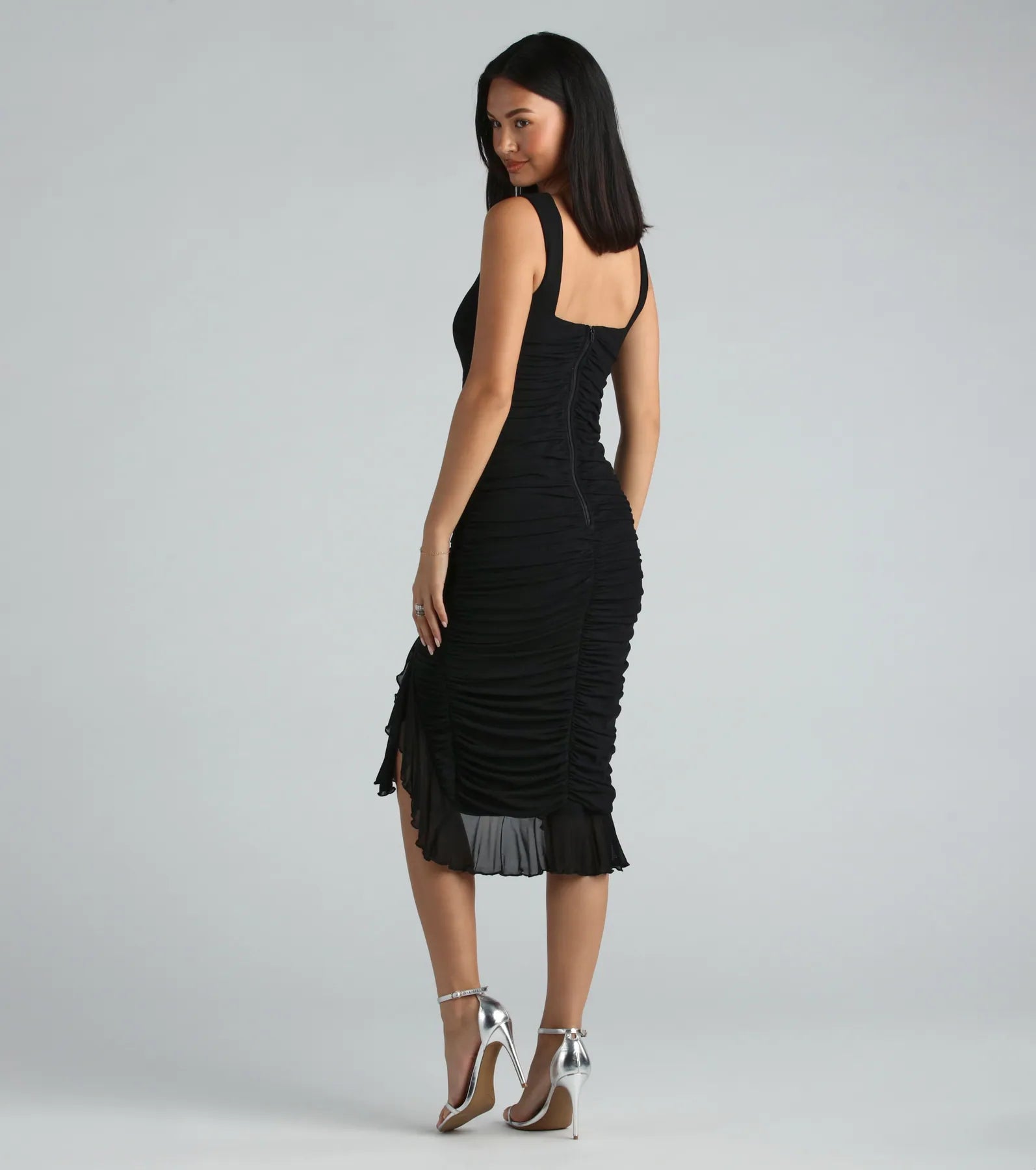 Elegant Casey Premium Mesh High Neck Ruffle Midi Dress