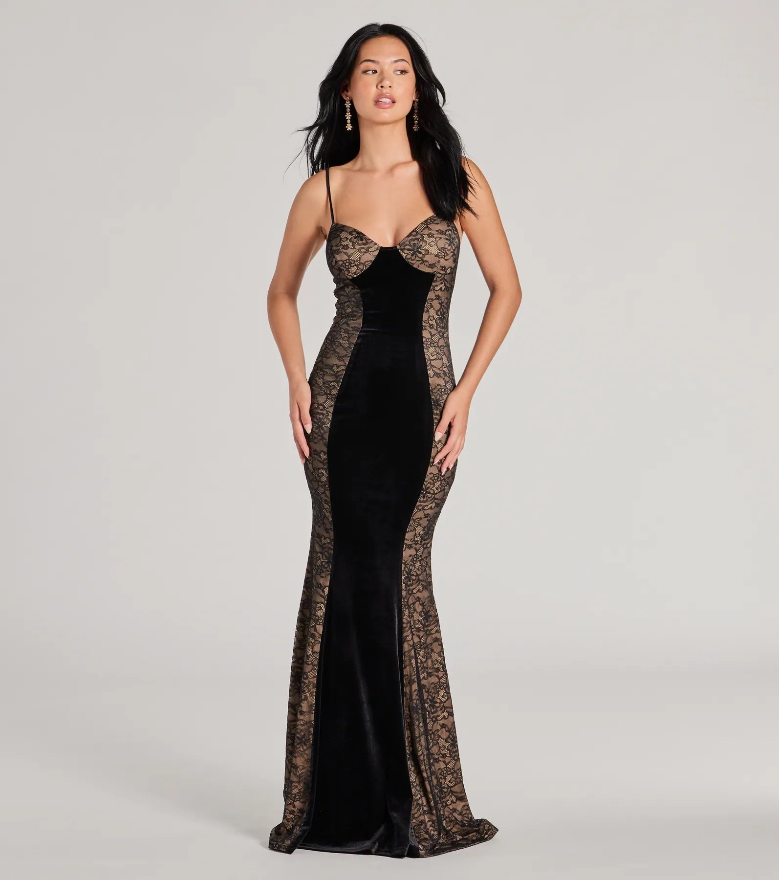 Premium Dahlia V-Neck Mermaid Lace Velvet Evening Gown