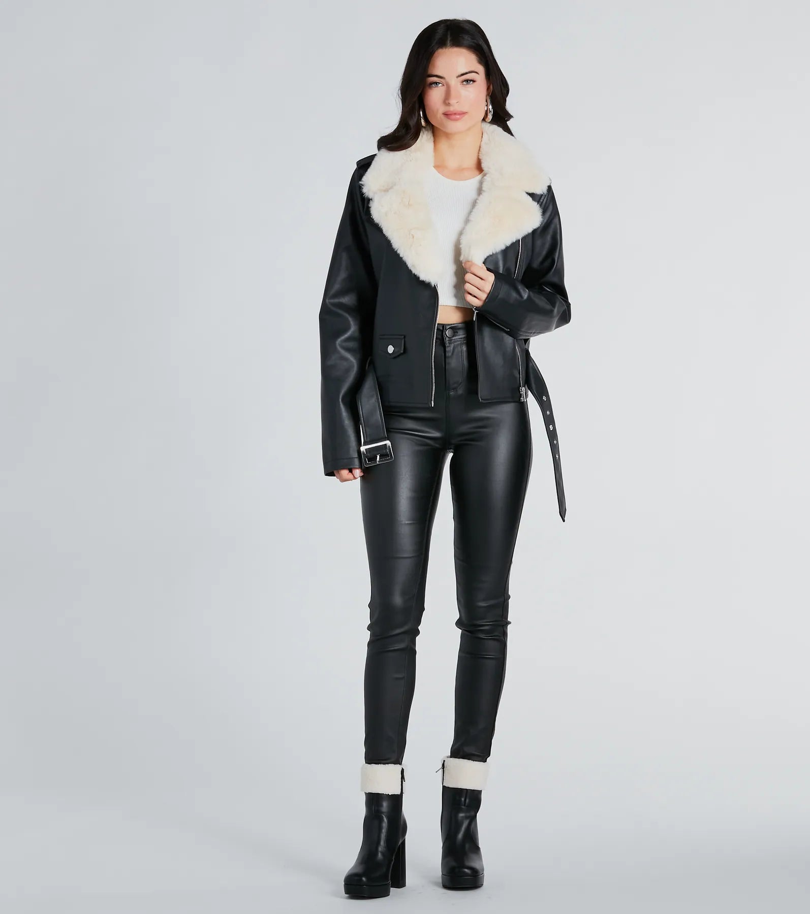 Premium Faux Leather Jacket with Detachable Faux Fur Trim