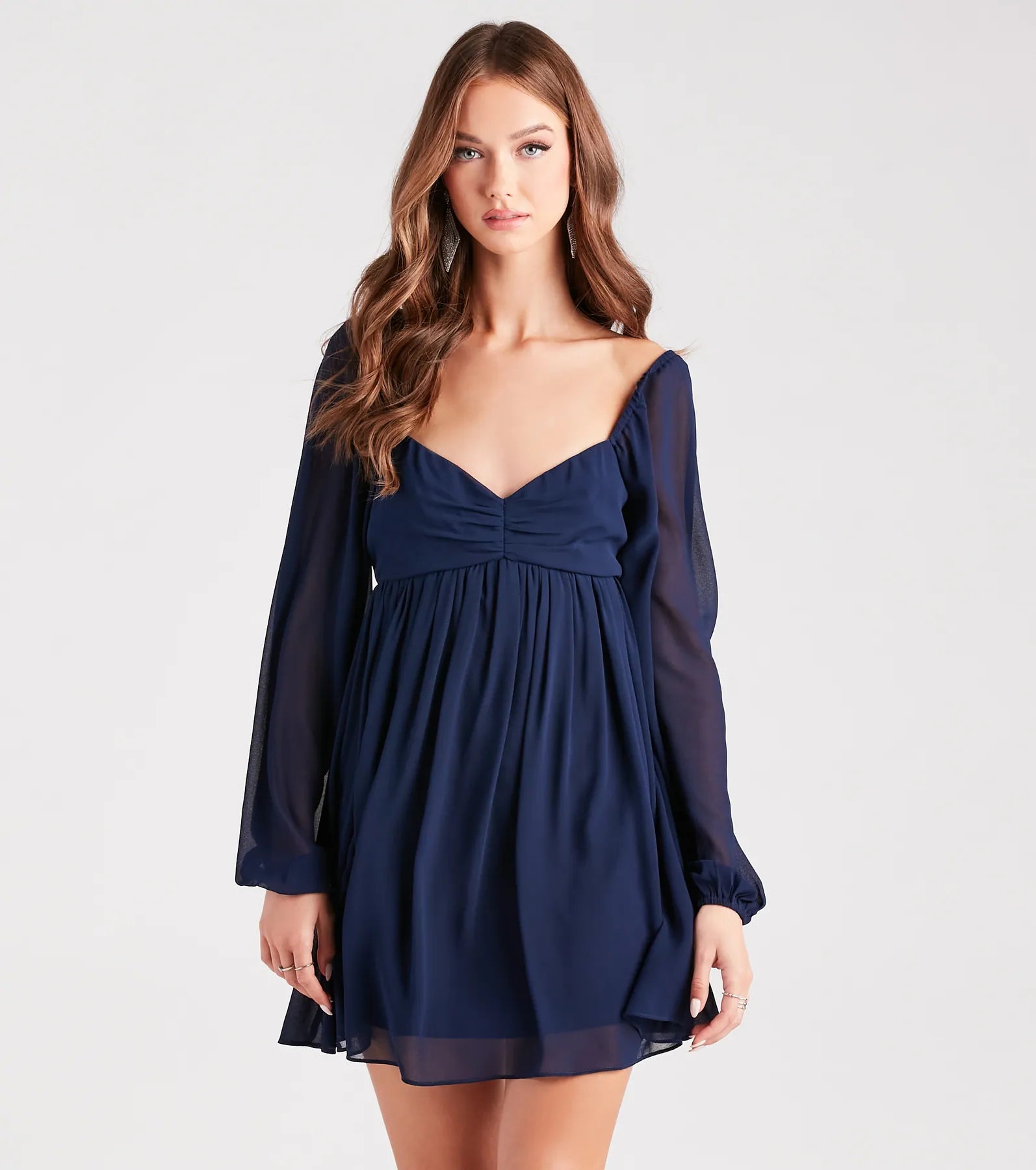 Ultimate Flowy Chiffon Babydoll Dress – Elegant Long Sleeve Design