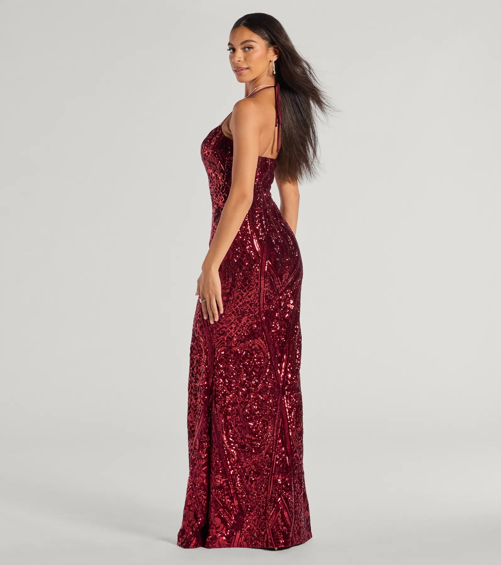 Premium Meara Sequin Velvet Evening Gown with High Slit