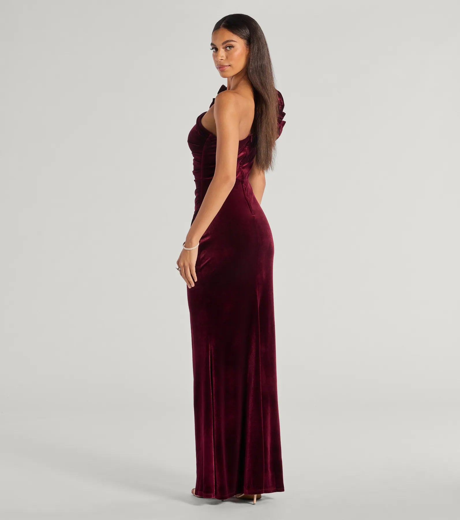 Premium Freida Velvet Ruffled One-Shoulder Evening Gown