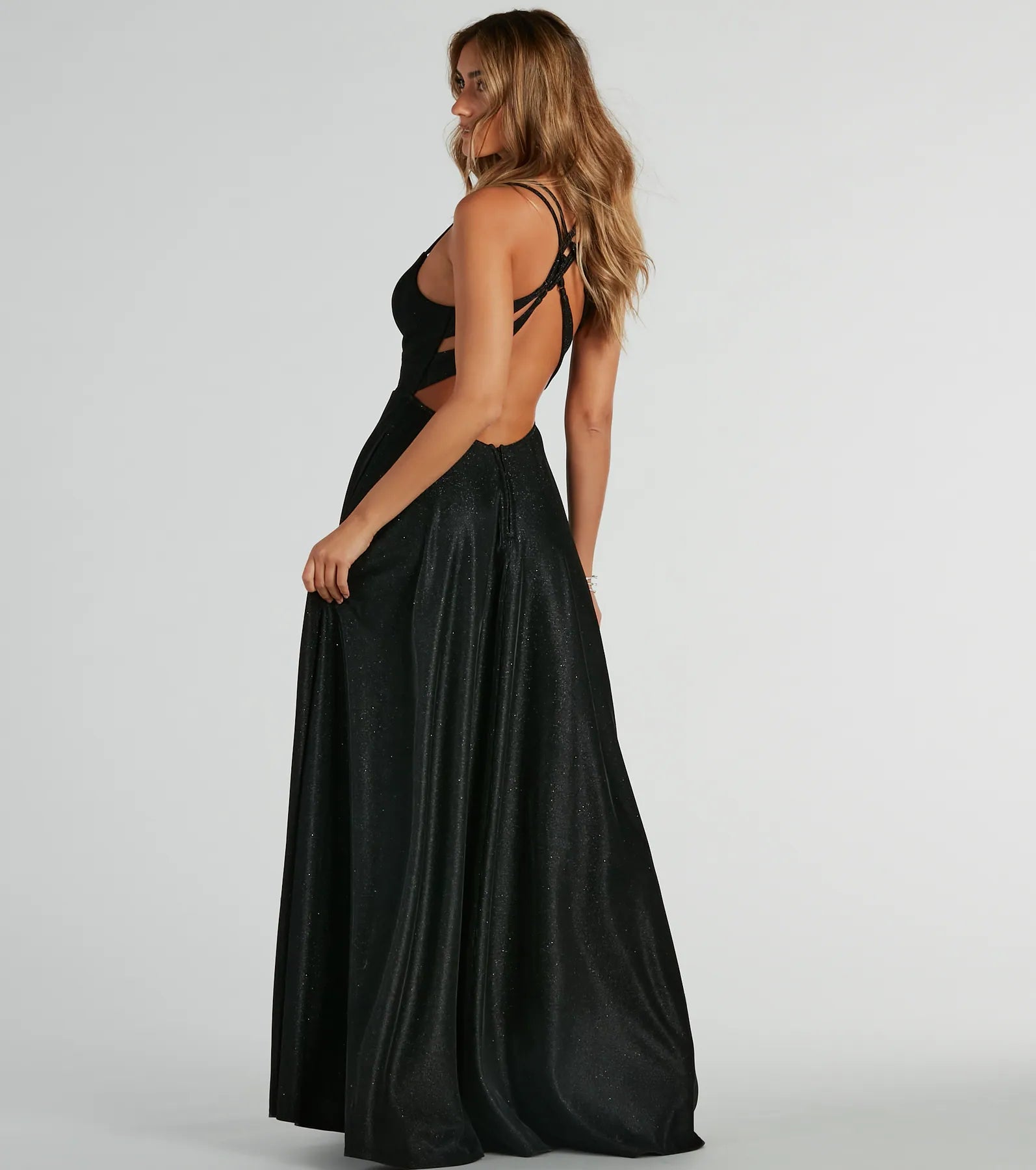 Sherry Glitter Formal Dress with Strappy Back & Hidden Pockets