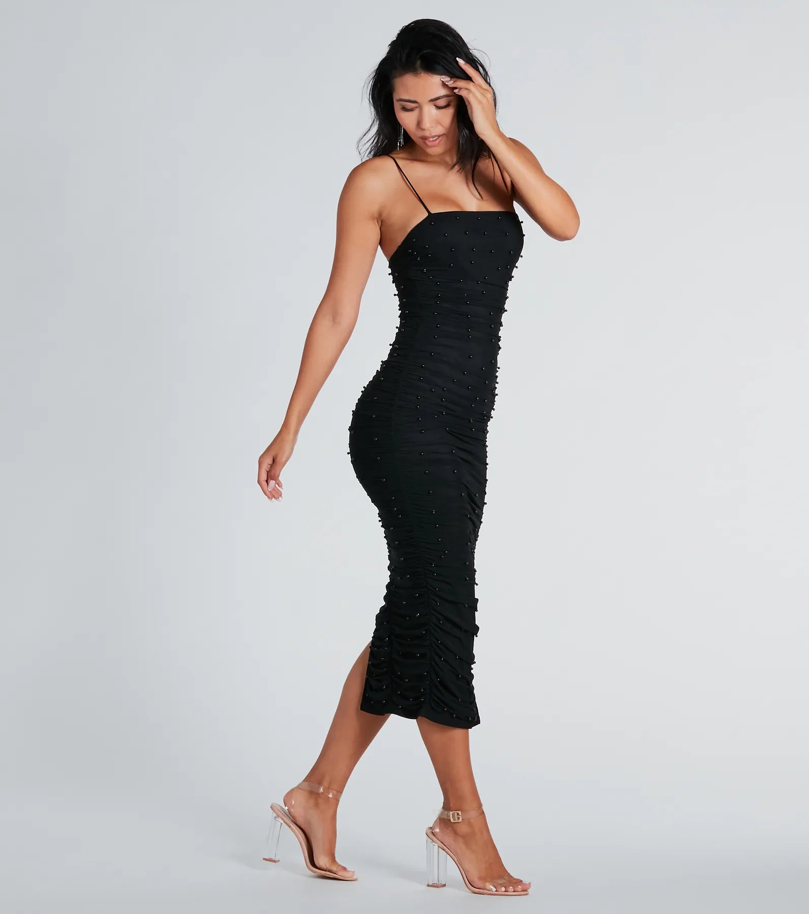 Ultimate Faux Pearl Mesh Midi Dress - Premium Elegance