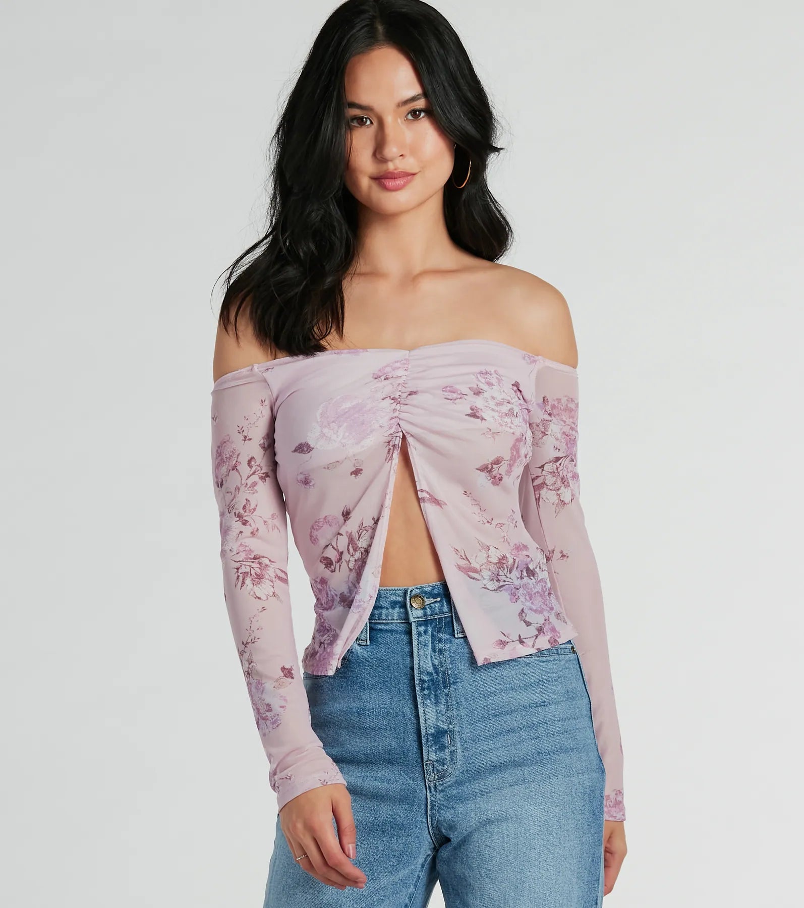 Premium Floral Daydream Off-The-Shoulder Mesh Top - Ultimate Feminine Style