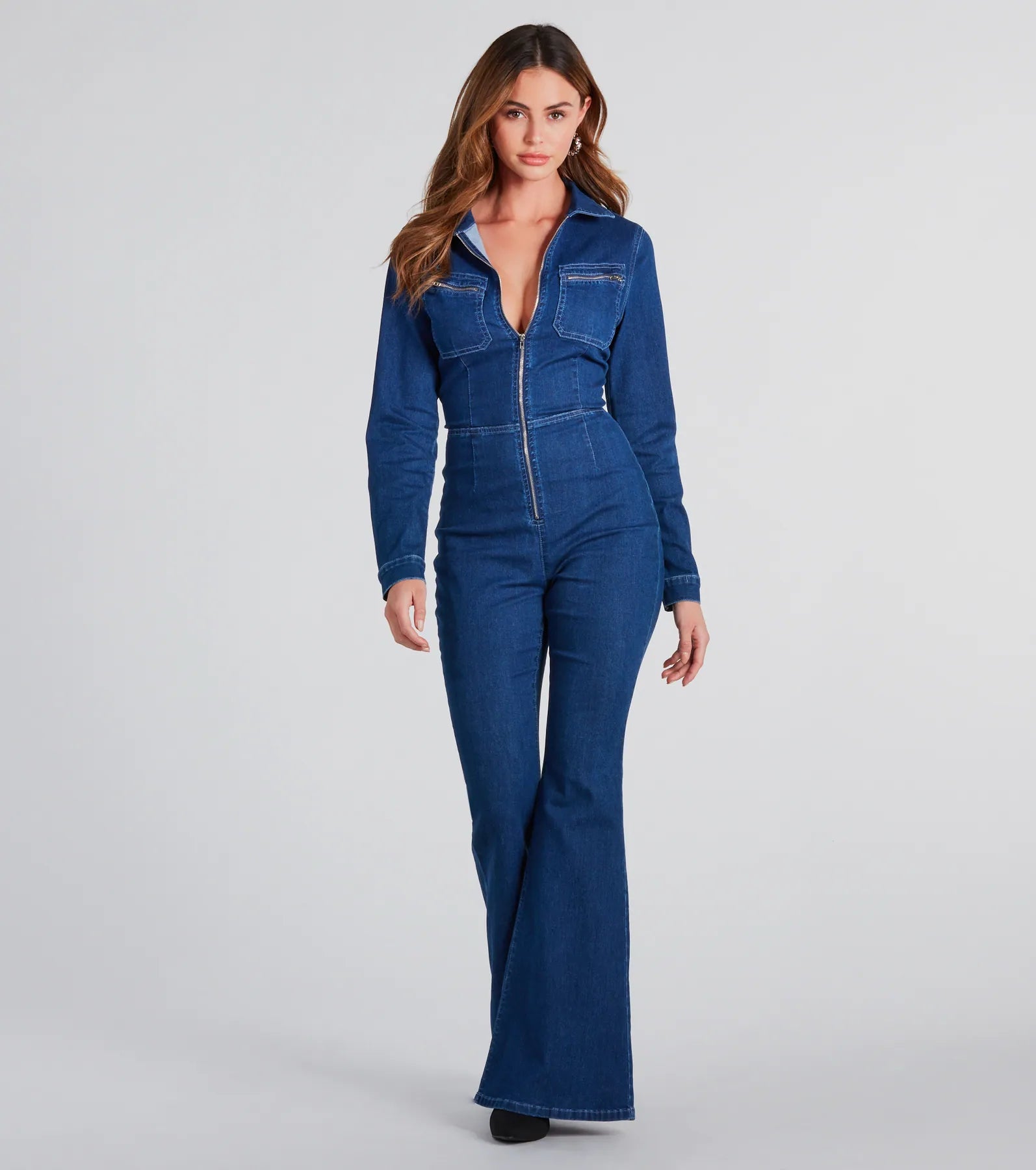 Ultimate Flare Denim Jumpsuit - Premium Long Sleeve Style