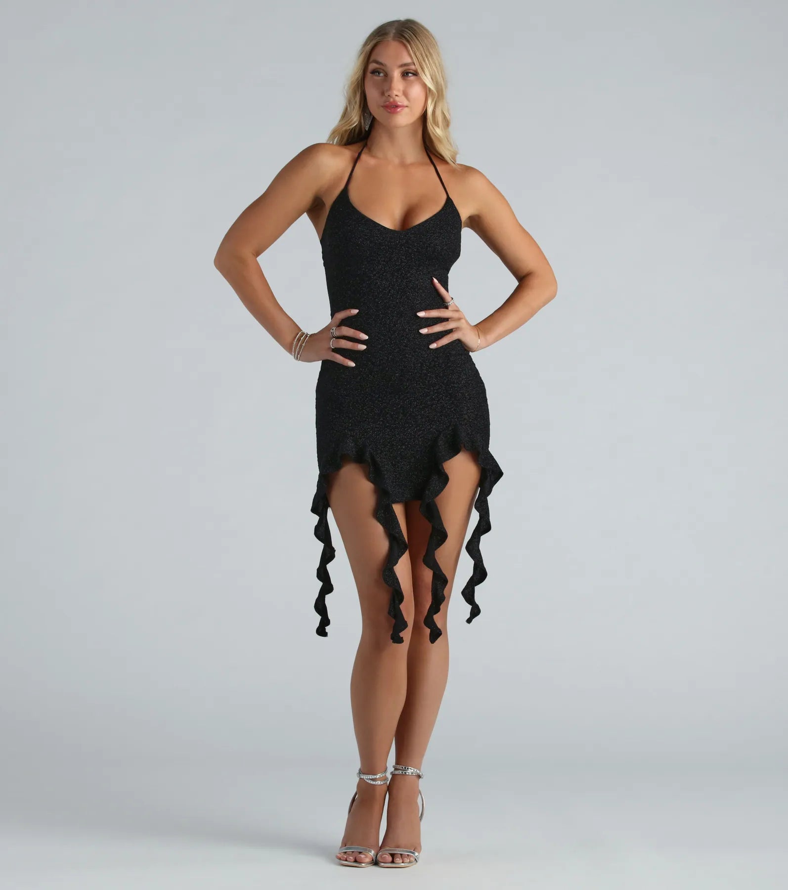 Ultimate Sparkle Glitter Halter Ruffle Mini Dress