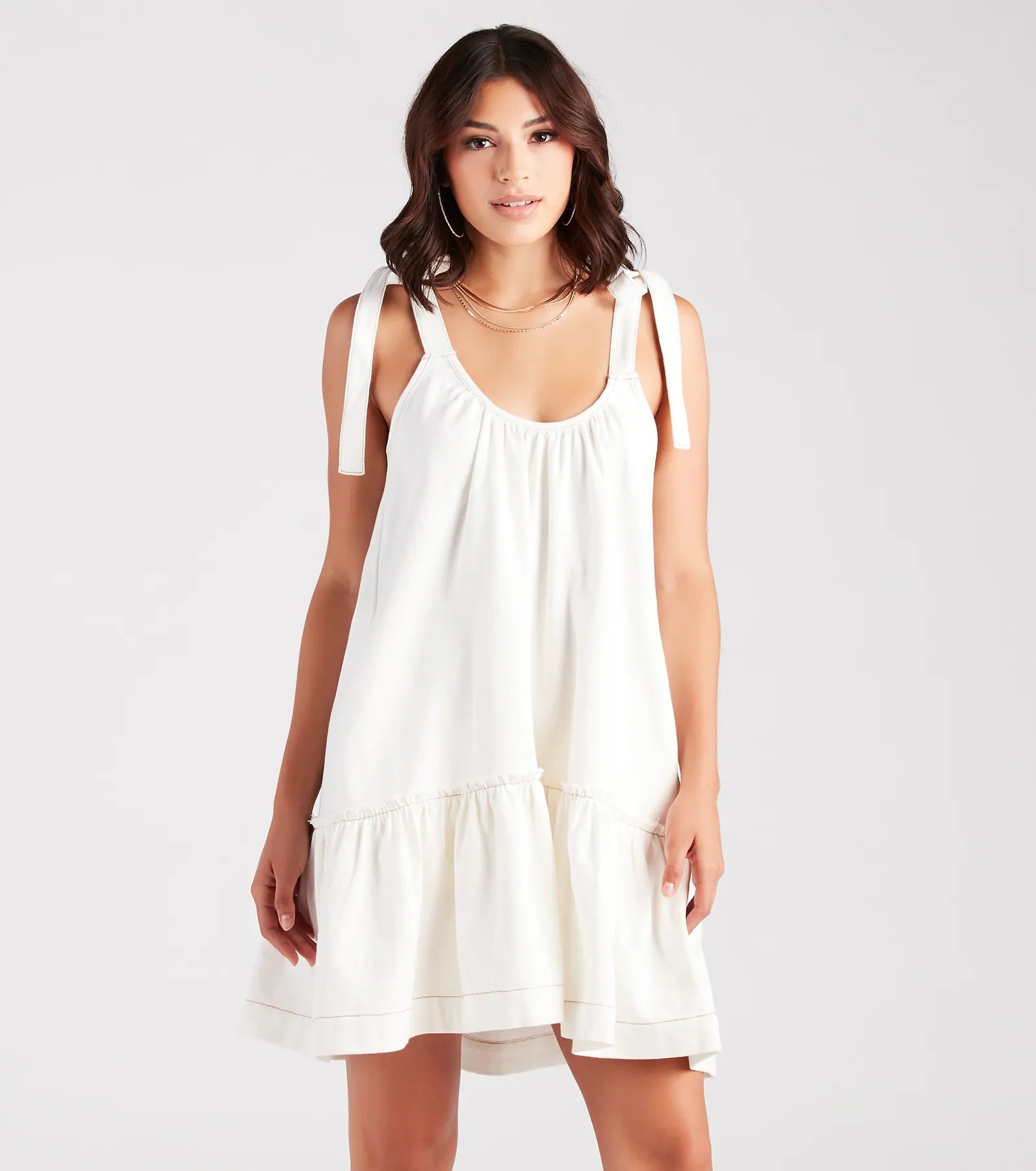 Premium Coastal Getaway Tie-Shoulder Ruffled Dress