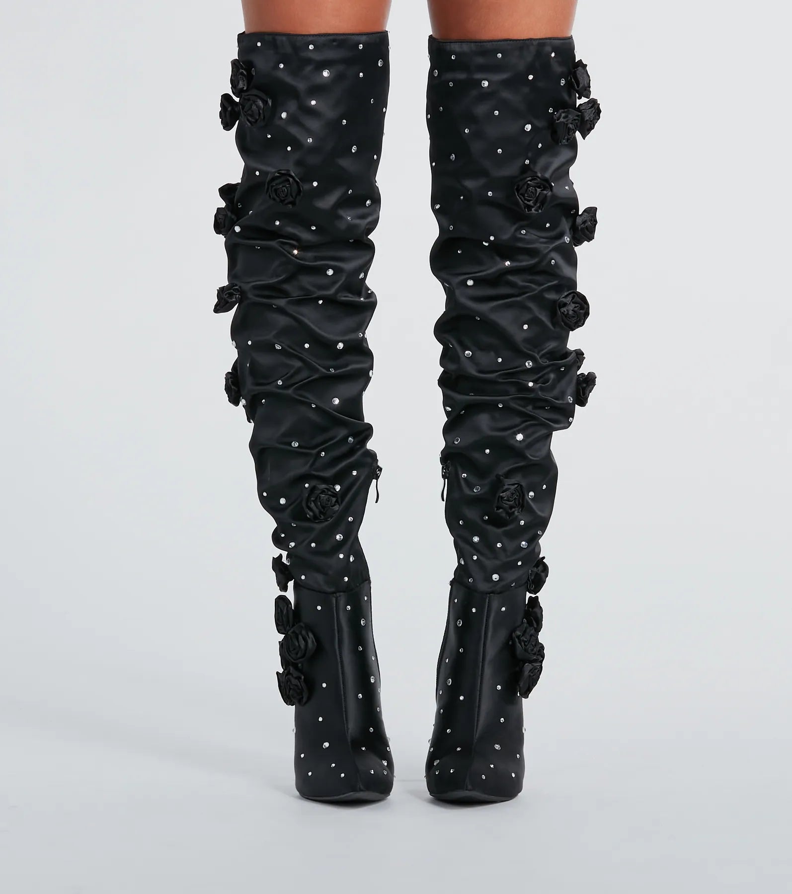 Ultimate Glam Rhinestone & Rosette Thigh-High Boots