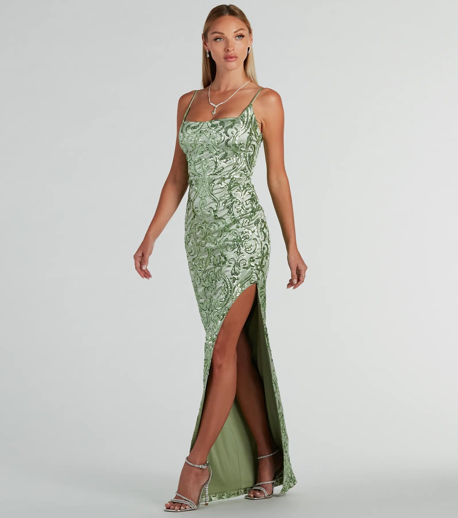Alessia Premium Square Neck Sequin Satin Evening Gown