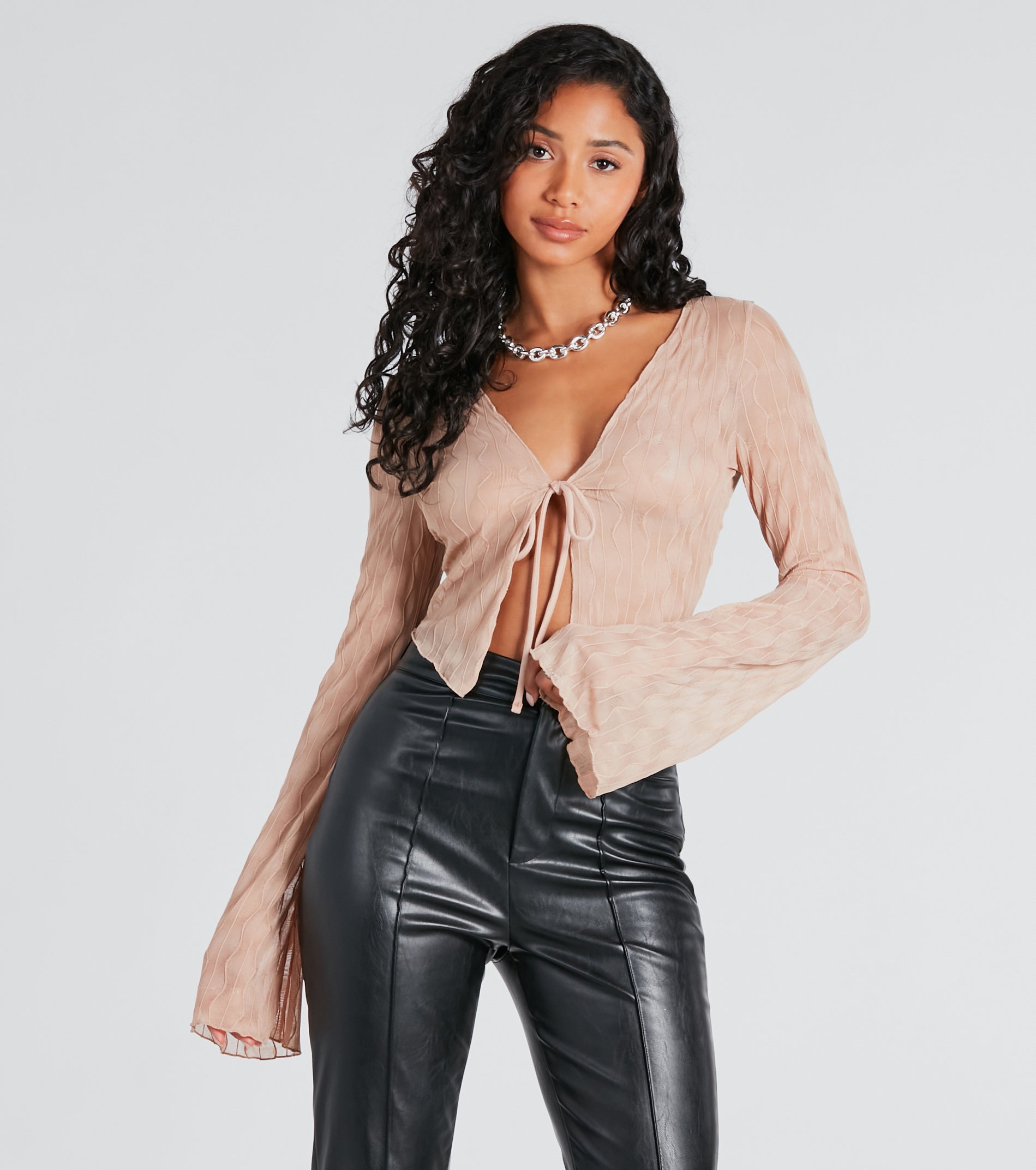 Ultimate Texture Babe Bell Sleeve Tie-Front Crop Top - Upgrade Your Style