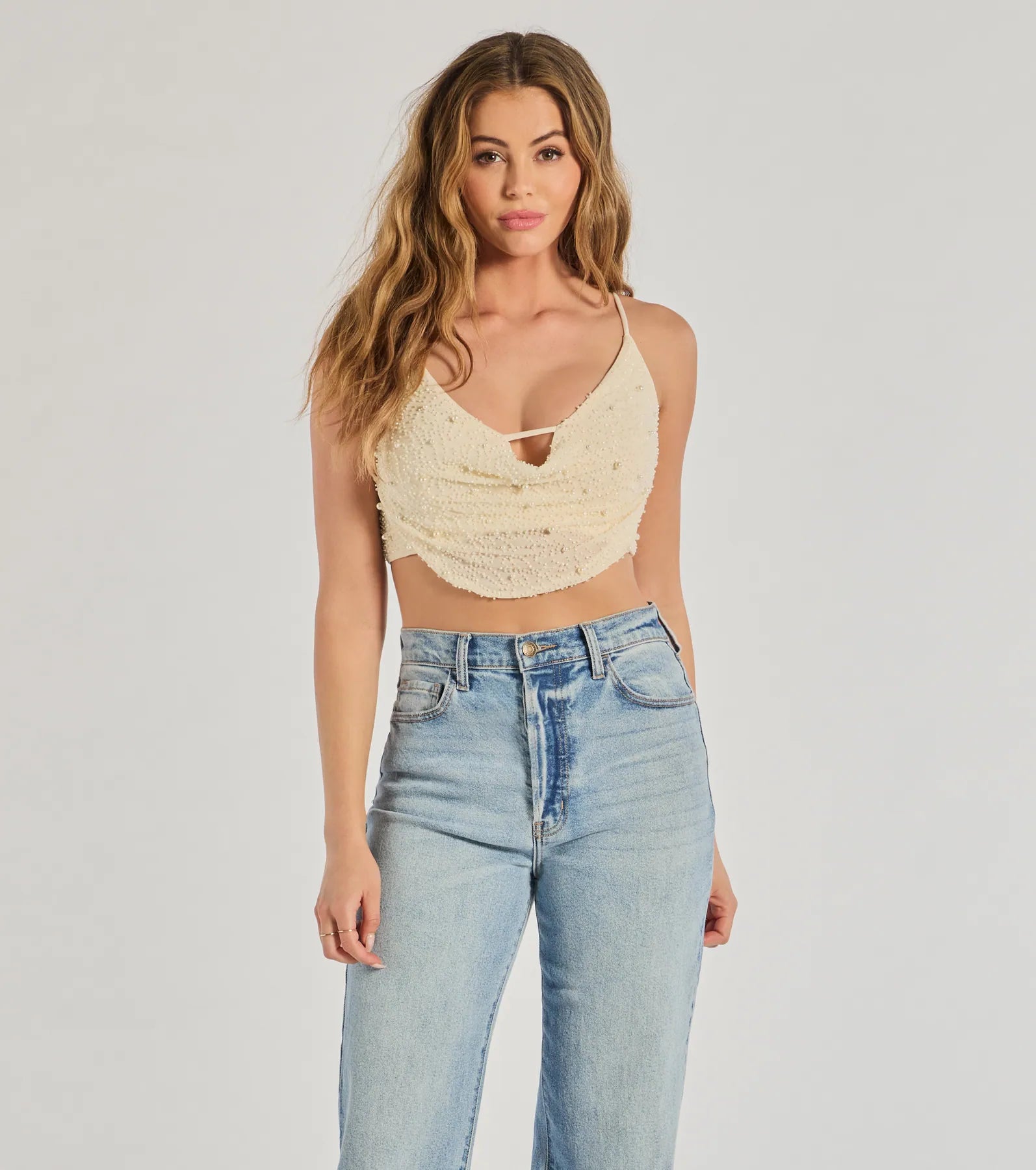 Premium Glamour Faux Pearl Crop Top