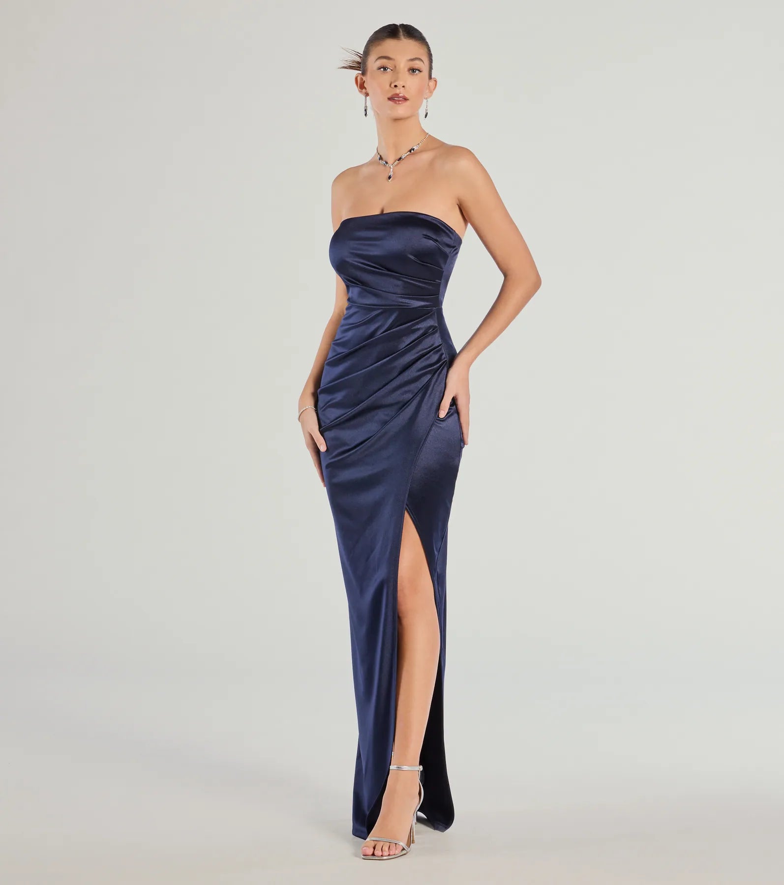 Premium Lauren Strapless Wrap Satin Evening Gown