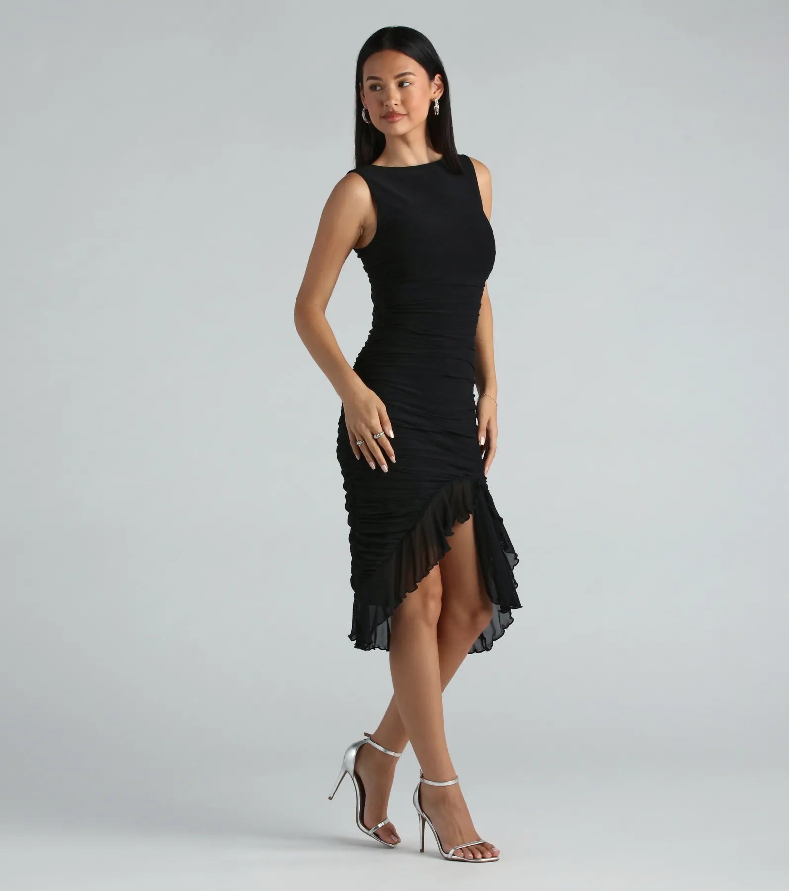 Elegant Casey Premium Mesh High Neck Ruffle Midi Dress