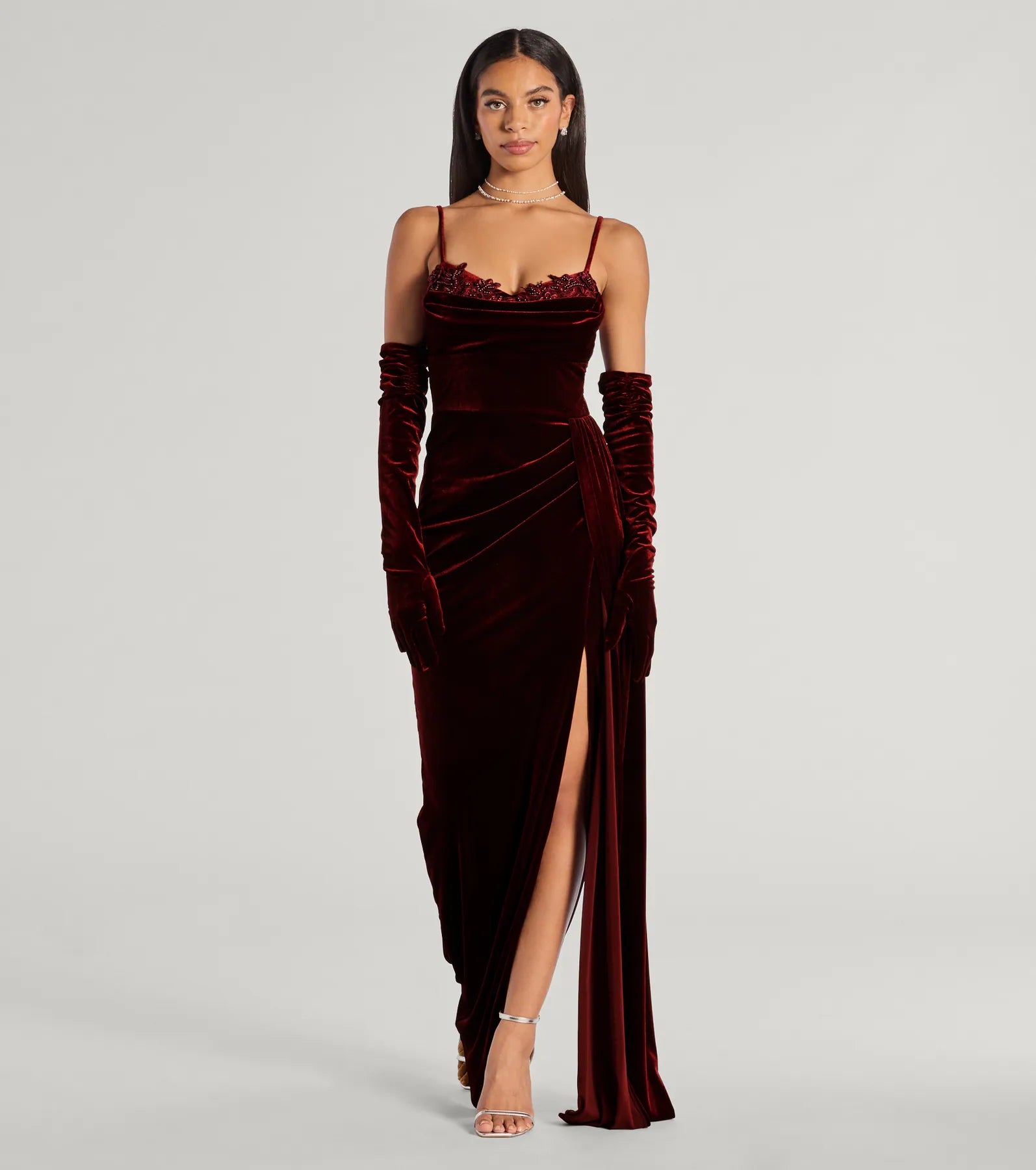 Premium Inez Velvet Beaded Gown with Gloves - Ultimate Formal Elegance