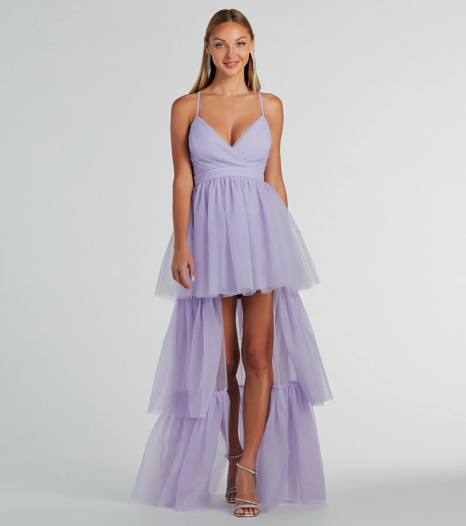 Premium Ophelia V-Neck High-Low Ruffle Tulle Gown