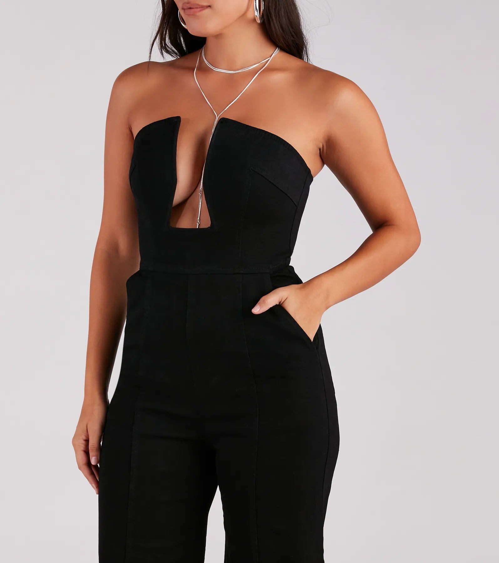 Ultimate Night Out: Entice Plunge Neck Denim Jumpsuit