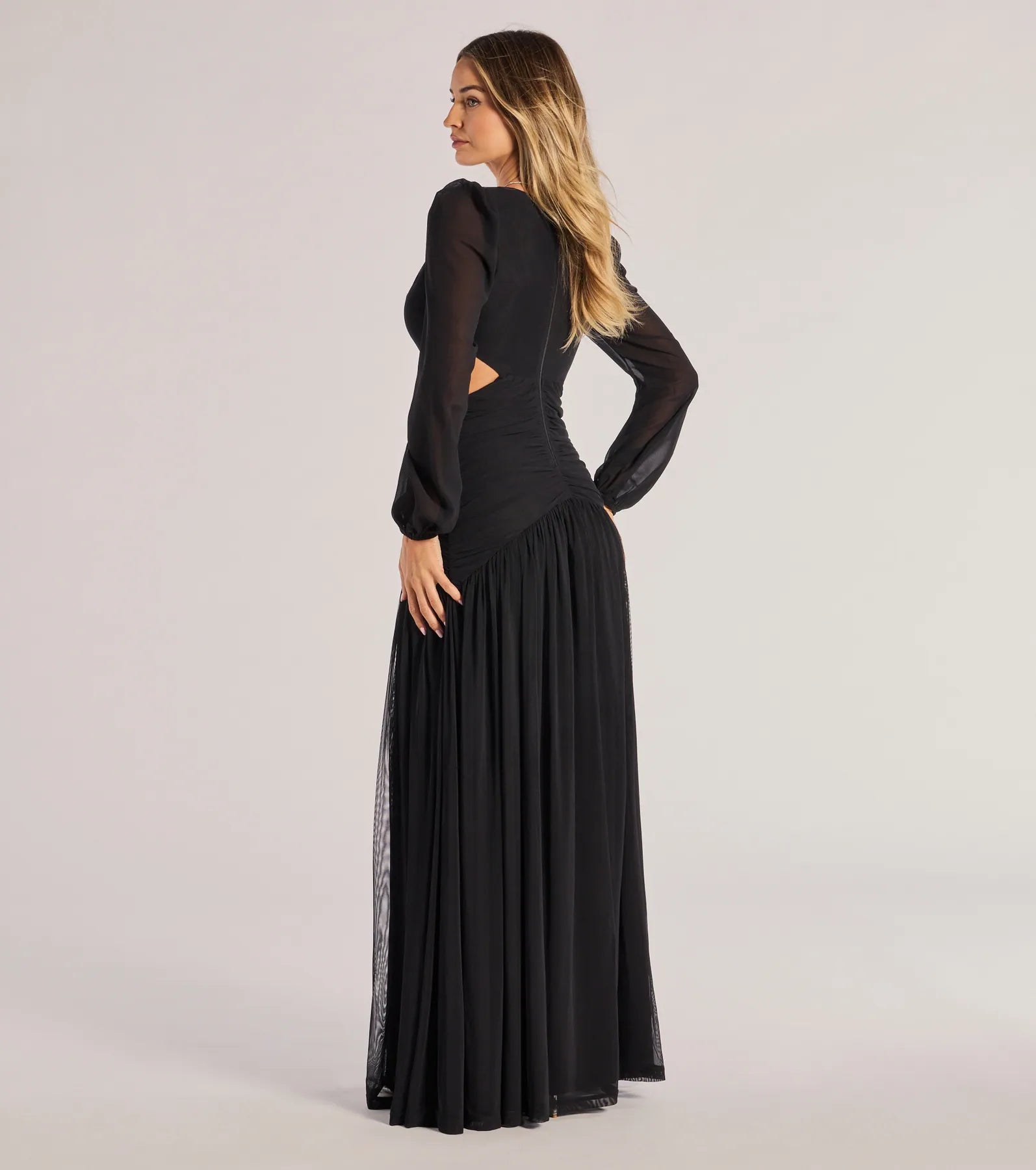 Adley Premium Long Sleeve Mesh Formal Dress with Elegant Cutouts