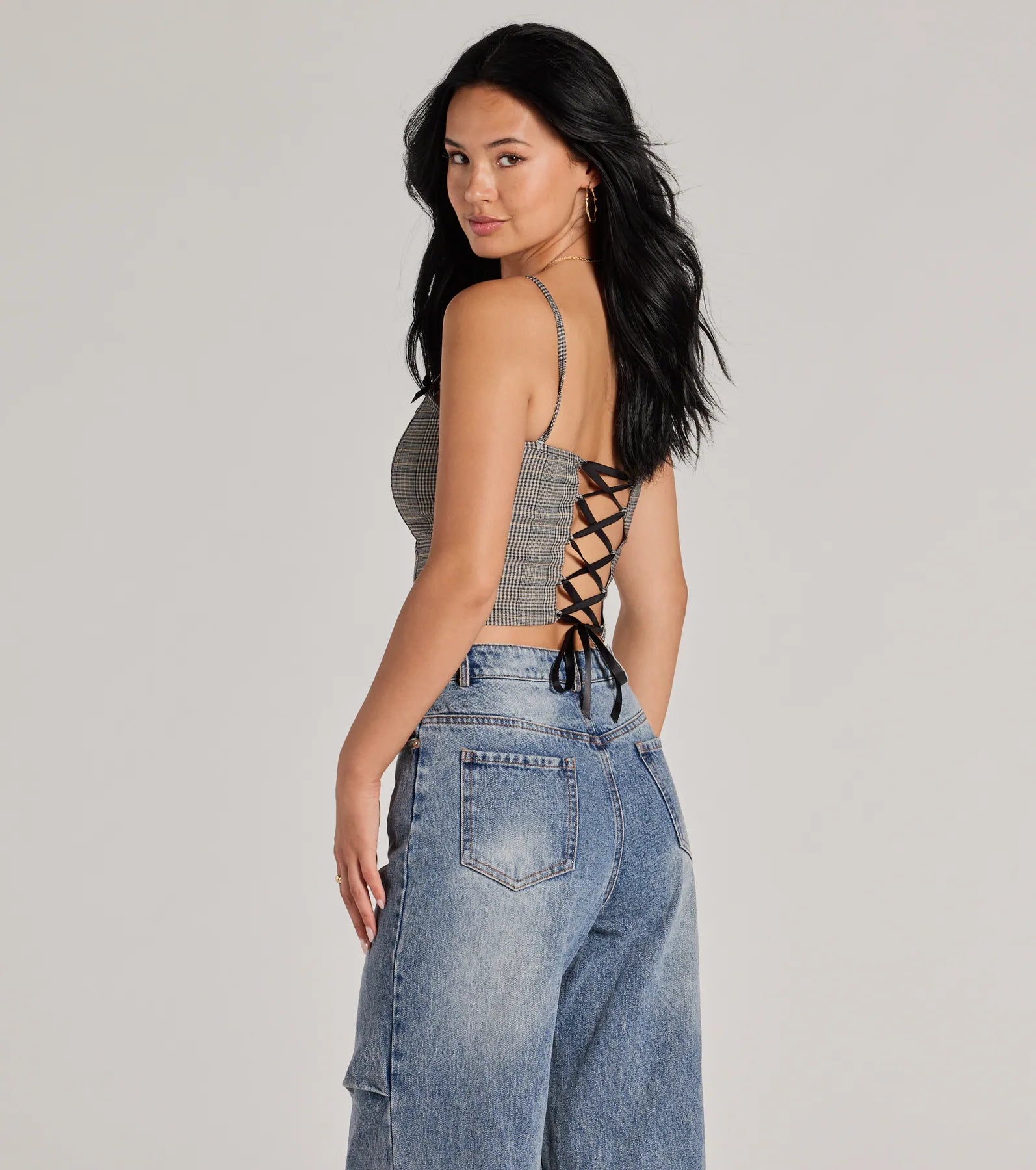 Ultimate Preppy Vibe Lace-Up Plaid Corset Top