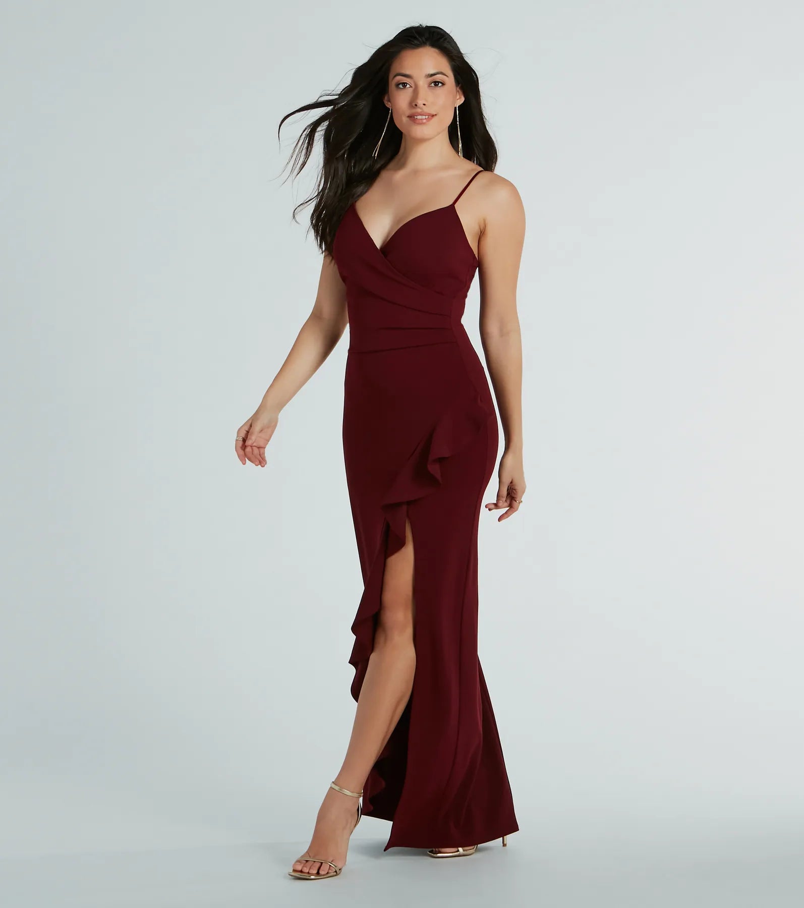 Premium Miley V-Neck Ruffle Crepe Formal Gown