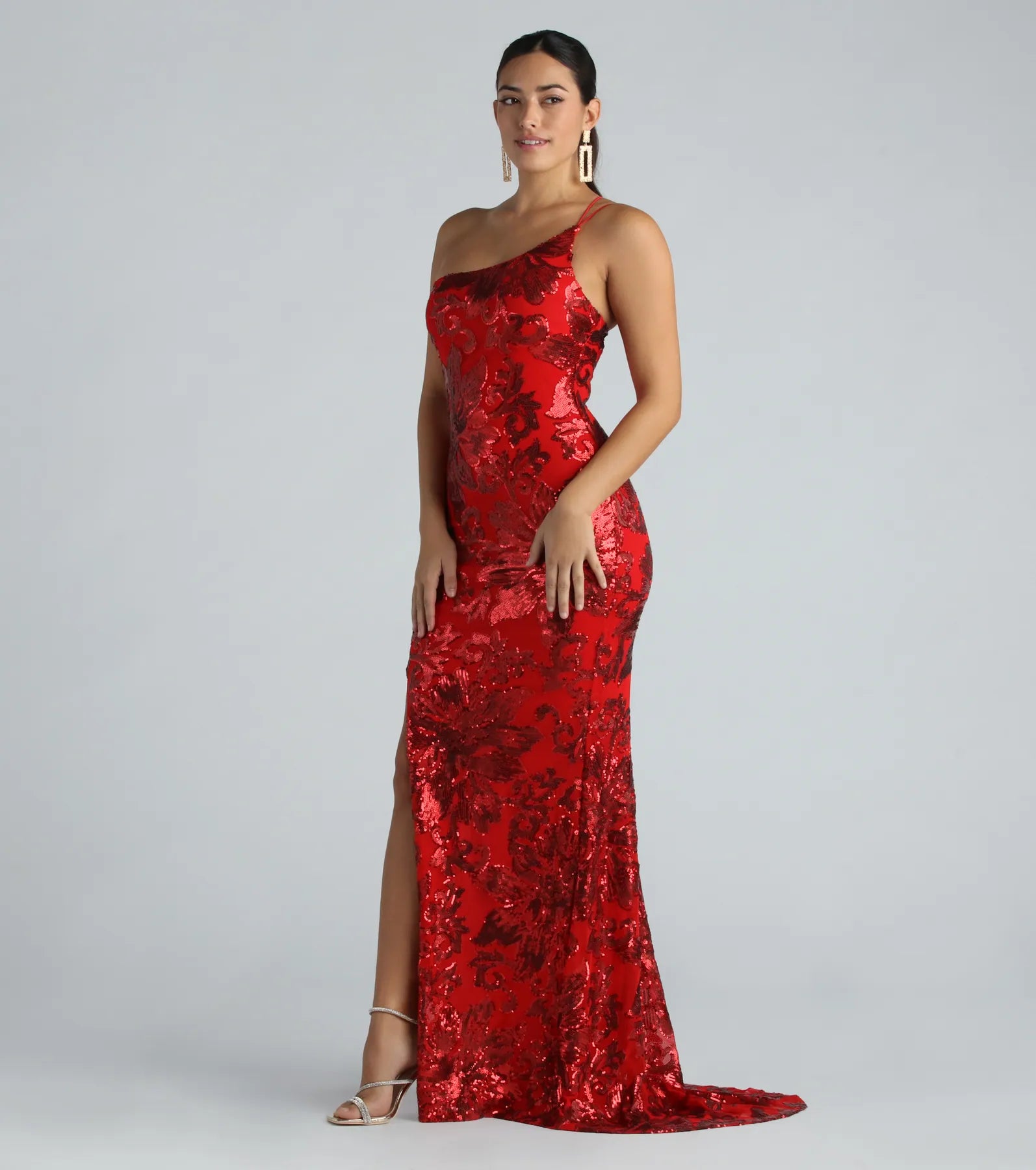 Premium Kris Sequin One-Shoulder Evening Gown with Train