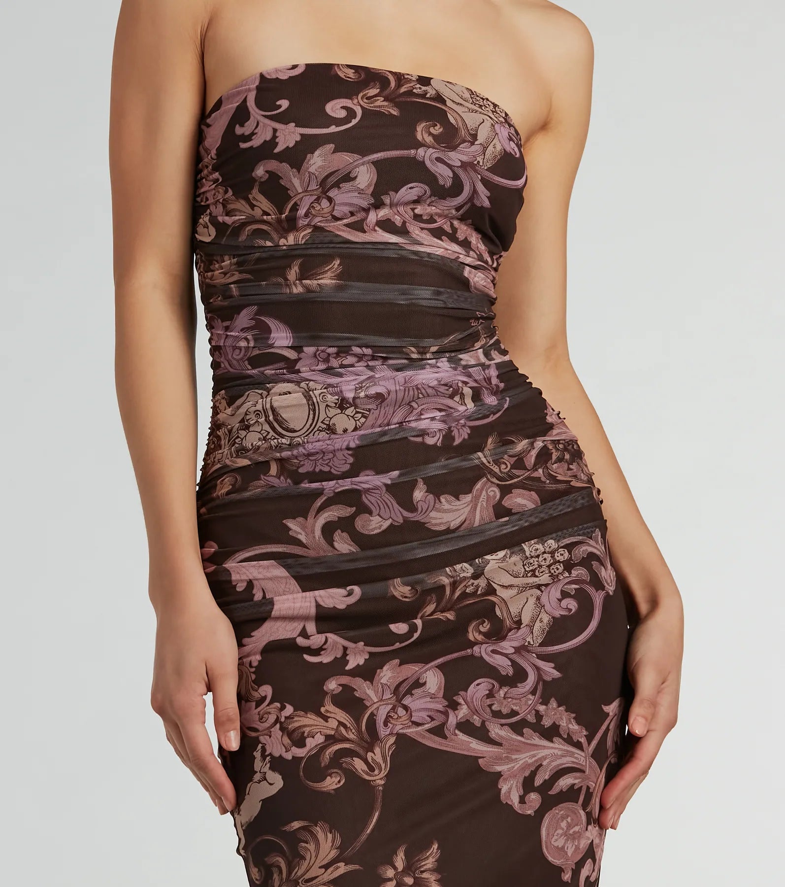 Ultimate Angelic Beauty Strapless Printed Mesh Midi Dress