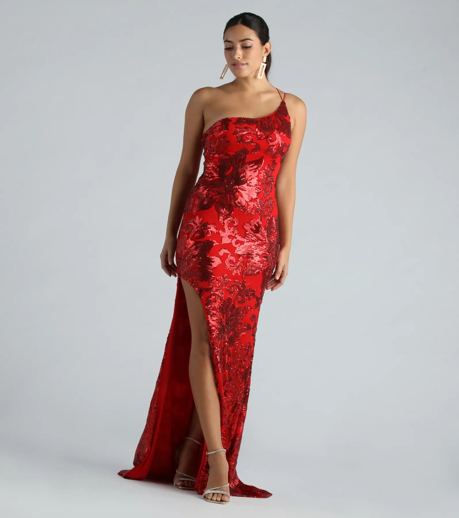 Premium Kris Sequin One-Shoulder Evening Gown with Train