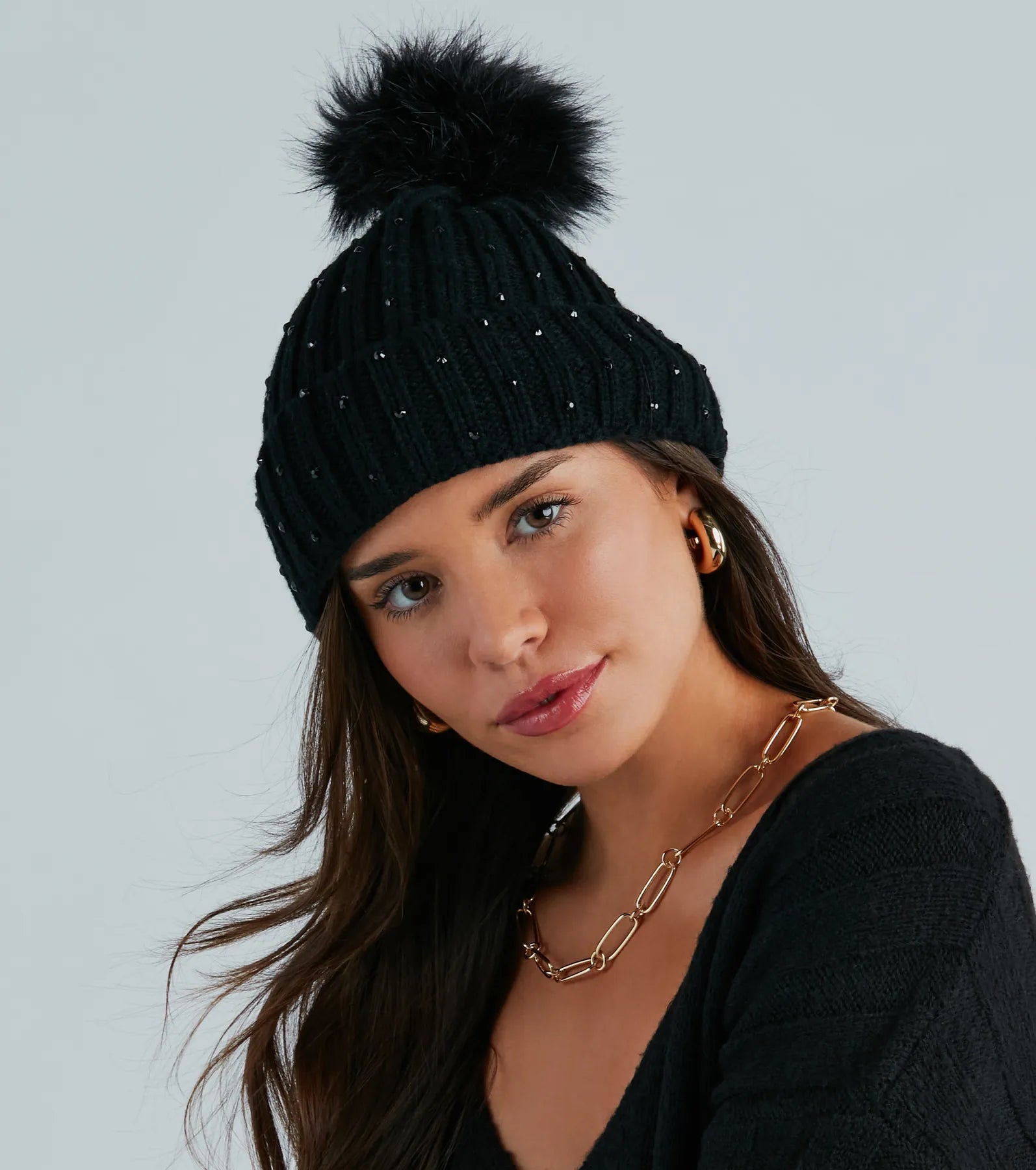 Premium Winter Glam Rhinestone Faux Fur Beanie