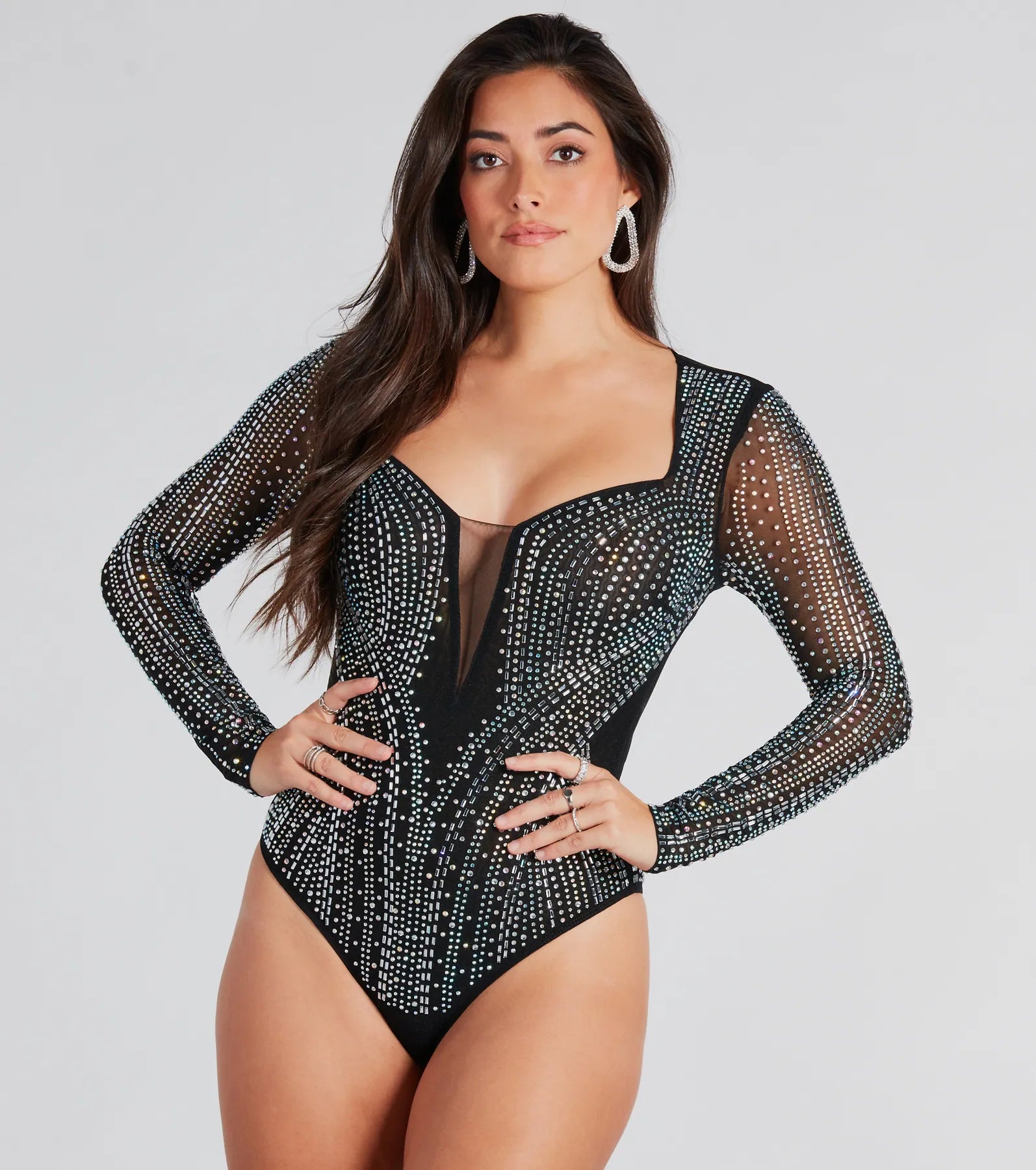 Ultimate Glam Rhinestone Sheer Mesh Bodysuit - Party Essential