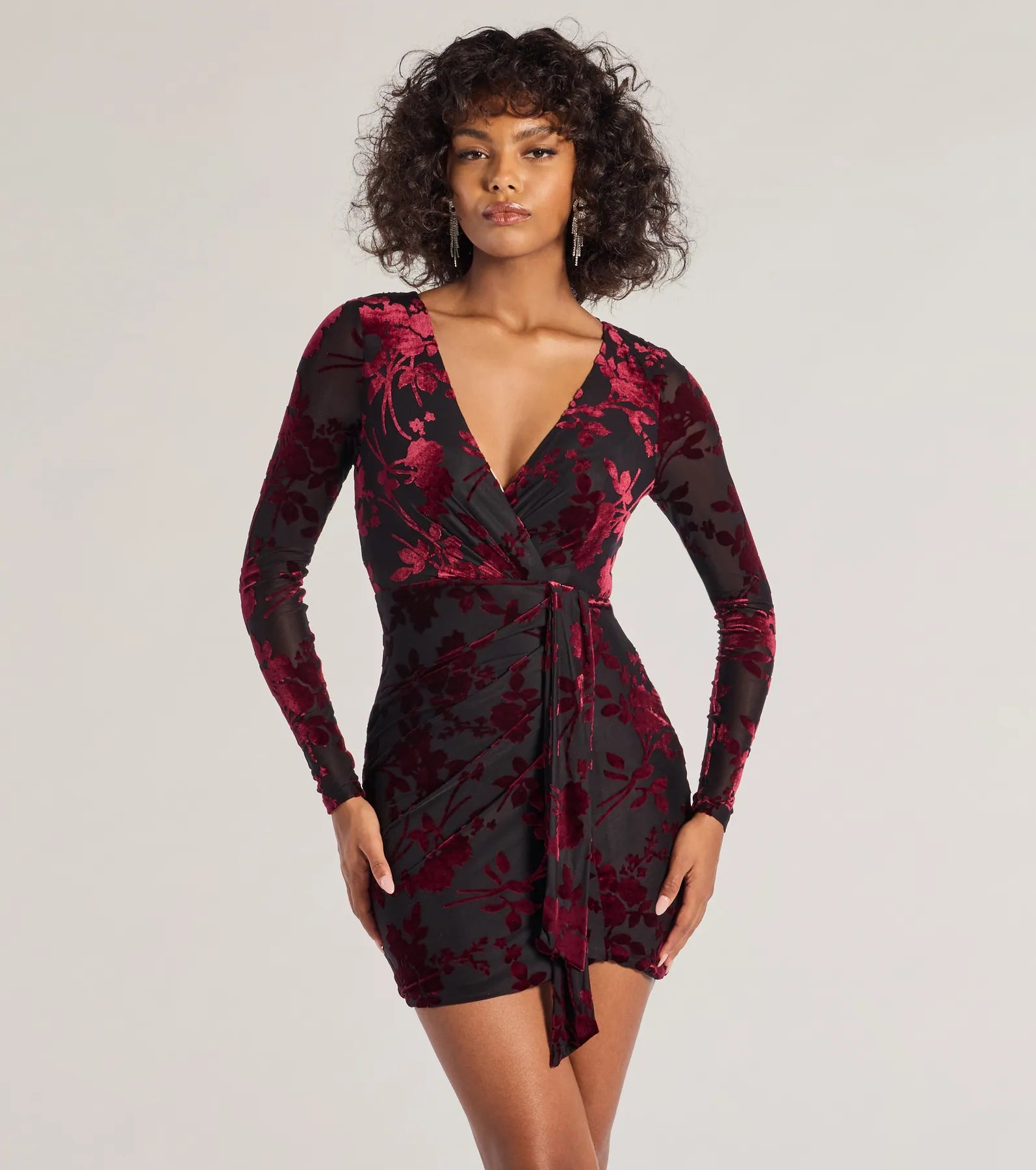 Ultimate Velvet Burnout V-Neck Tie Mini Dress - Premium Partywear