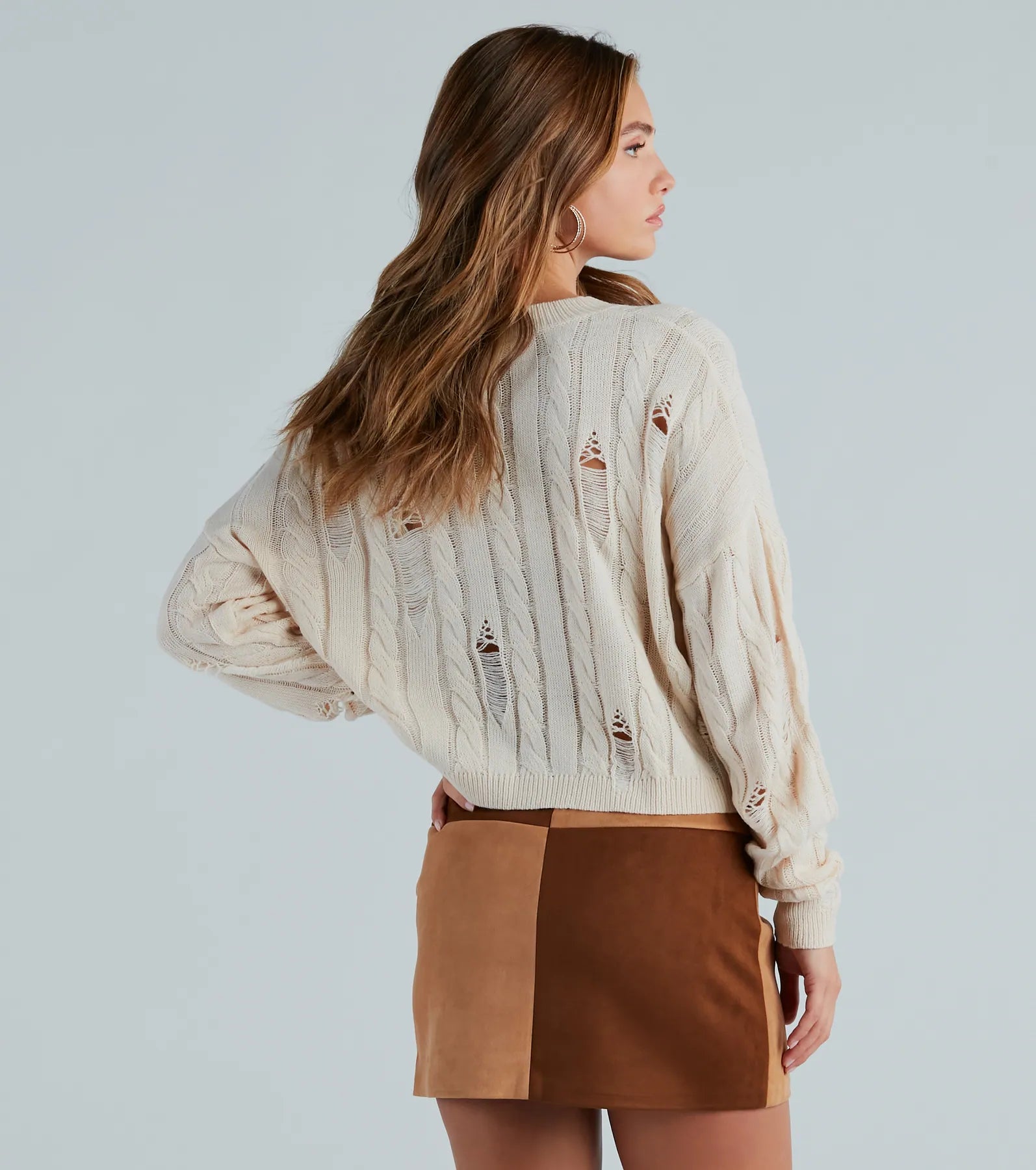 Ultimate Latte Meet-Up Premium Distressed Cable Knit Sweater