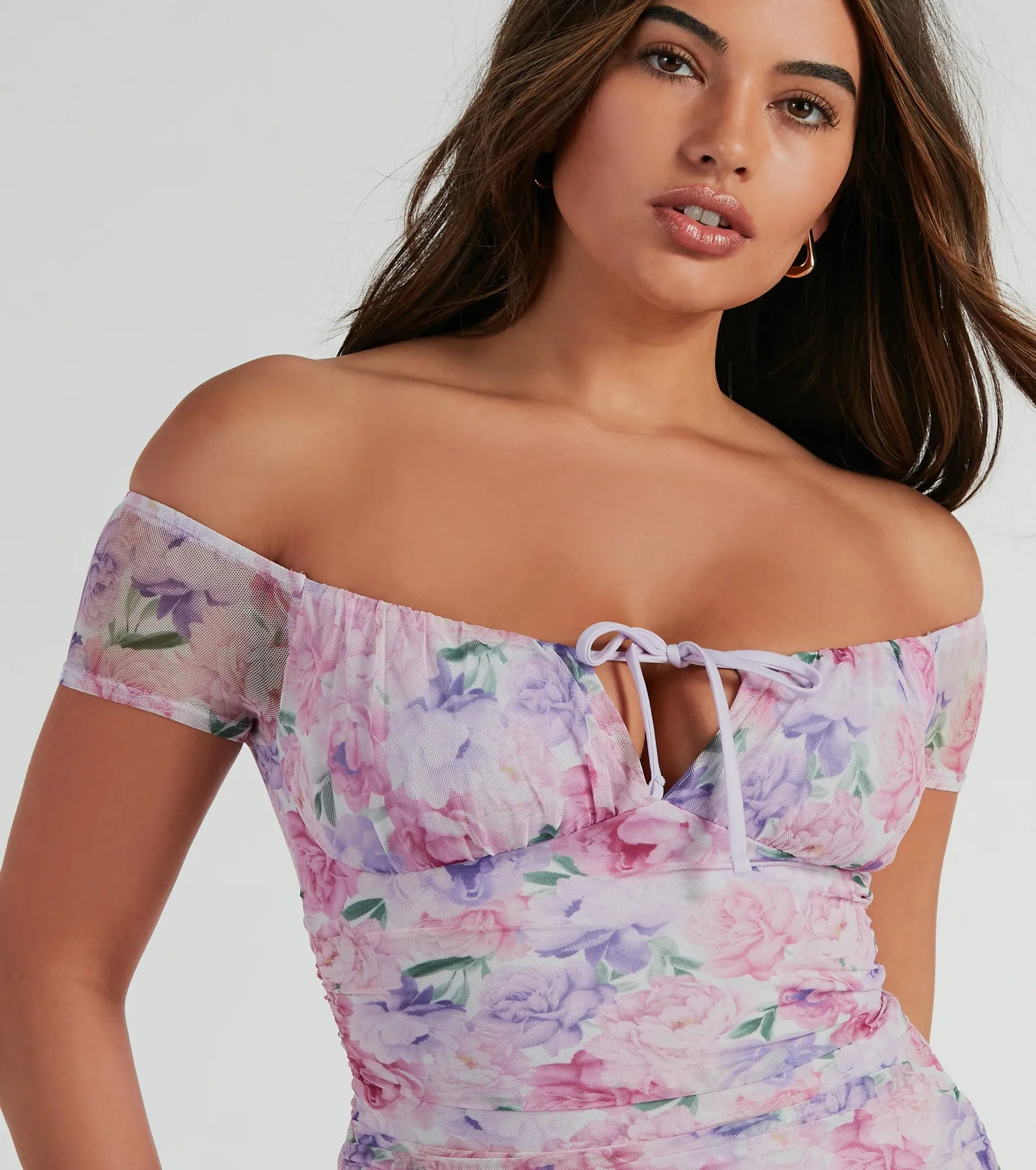 Ultimate Sweet Charm Floral Mesh Mini Dress - Off-The-Shoulder Elegance