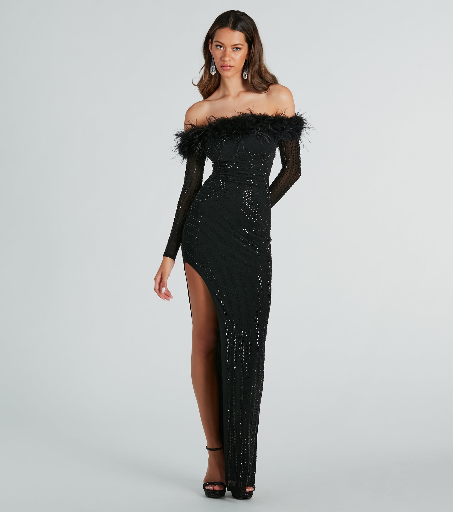 Chloe Premium Feather & Rhinestone Mesh Evening Gown