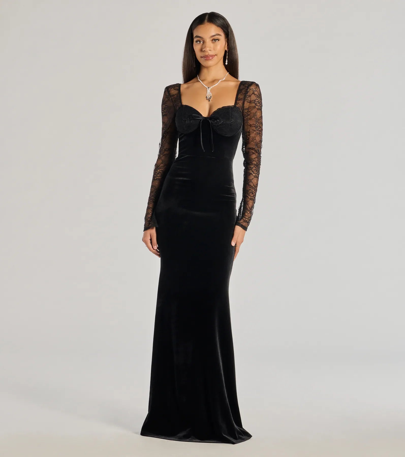 Premium Jaya Long Sleeve Lace & Velvet Evening Gown