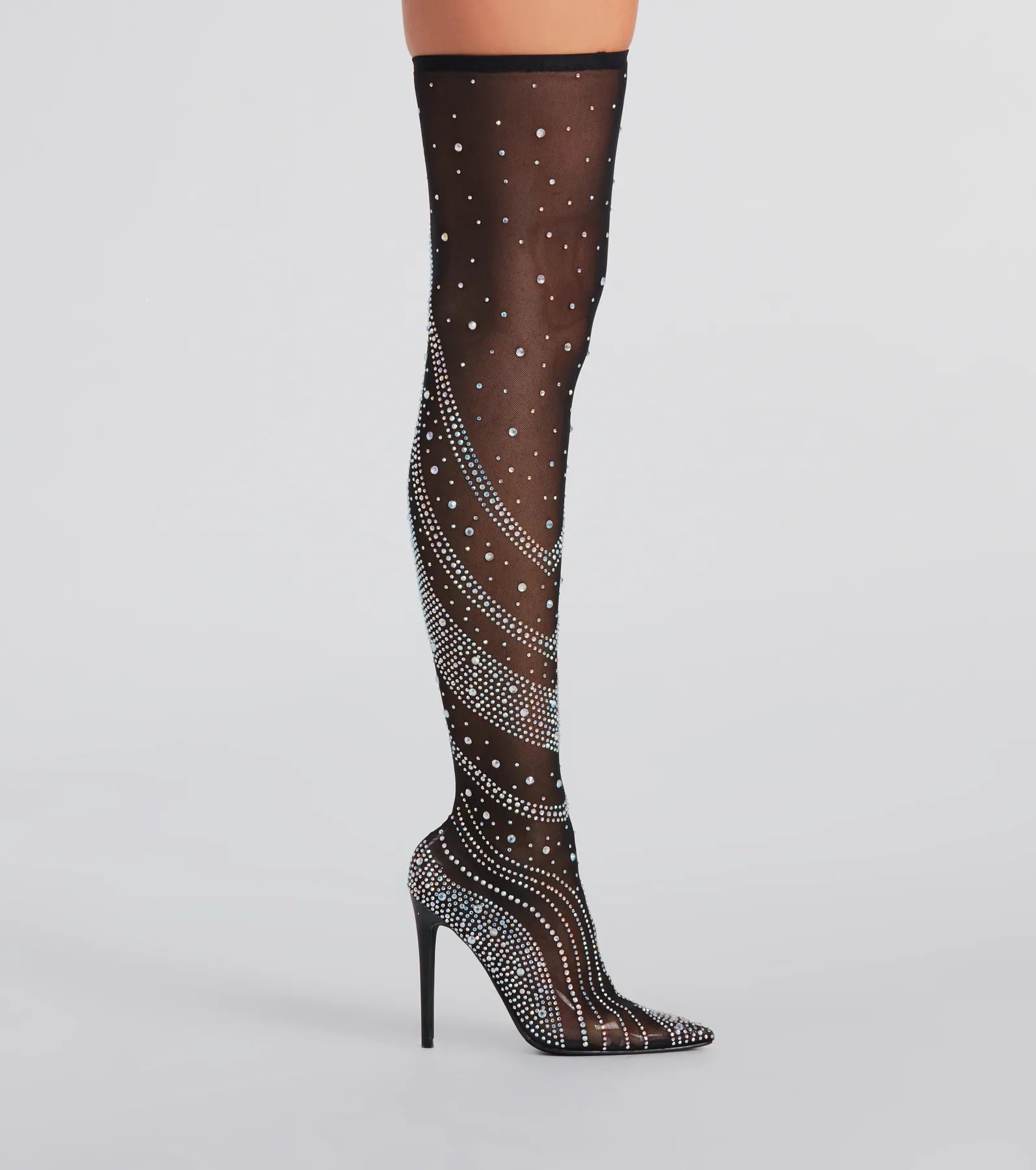 Ultimate Glam Rhinestone Mesh Thigh-High Boots