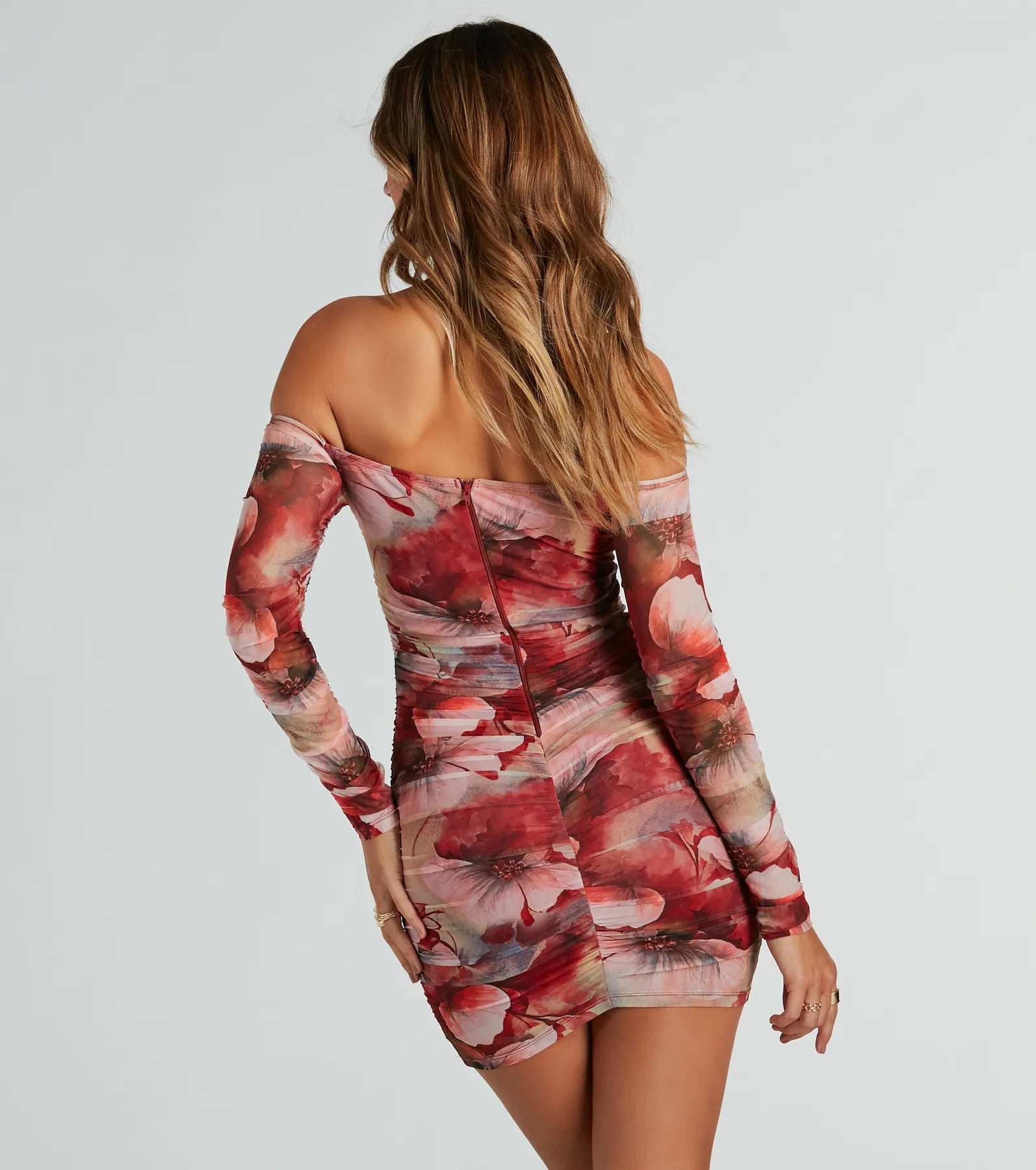 Ultimate Bold Bloom Off-The-Shoulder Floral Mesh Mini Dress