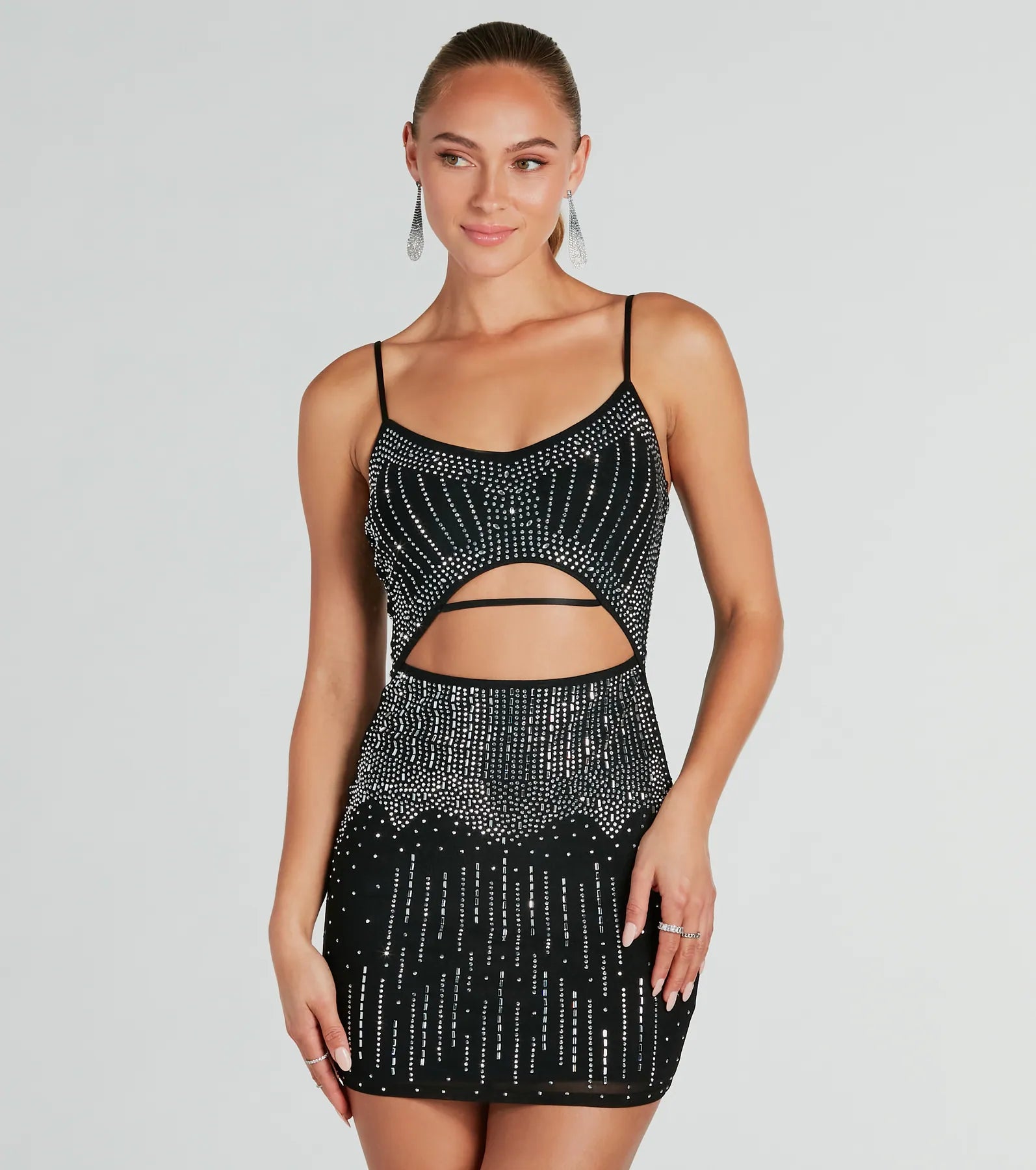 Ultimate Glam Rhinestone Cutout Mini Dress - Party Ready!