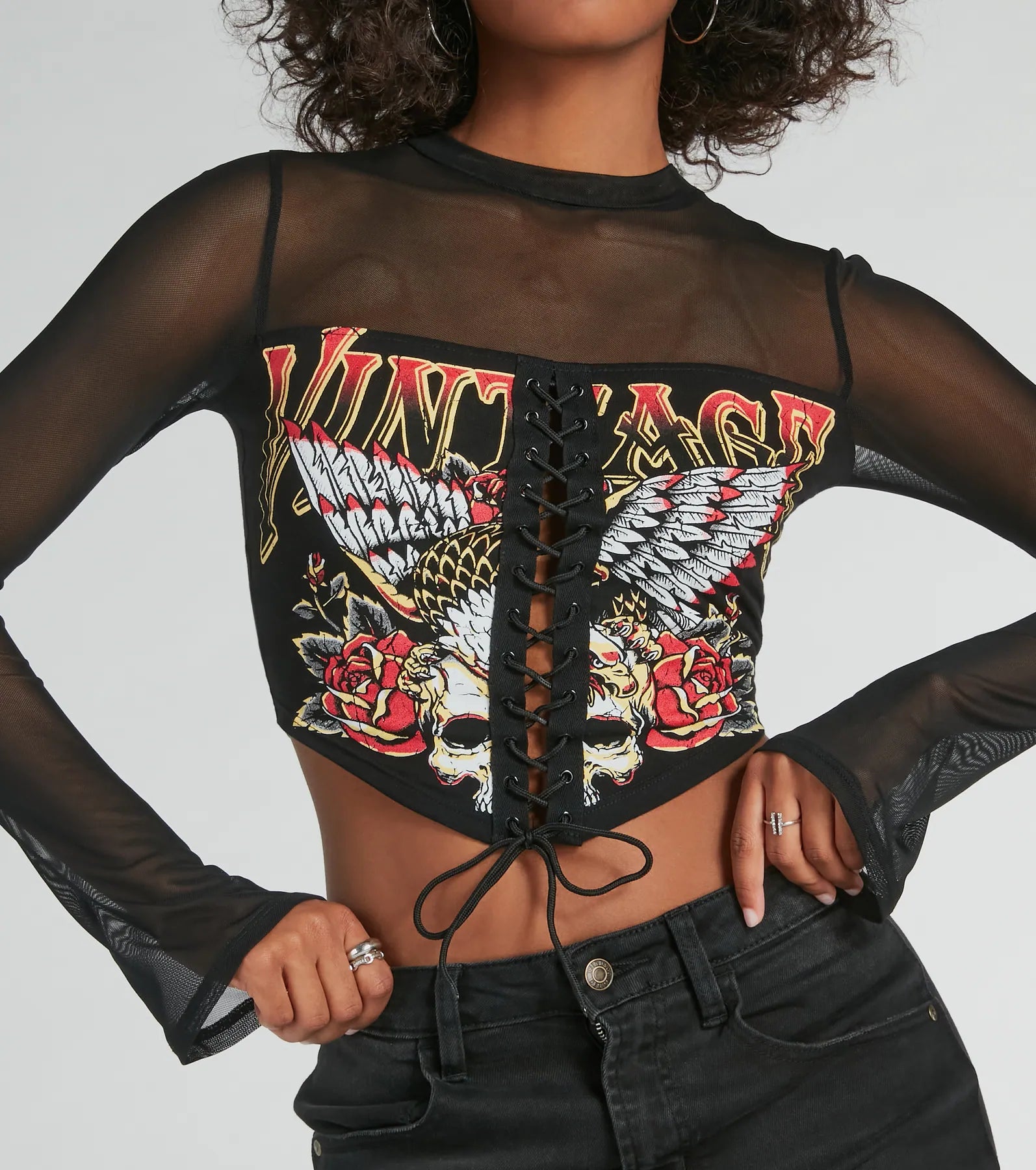 Ultimate Vintage Lace-Up Mesh Graphic Crop Top