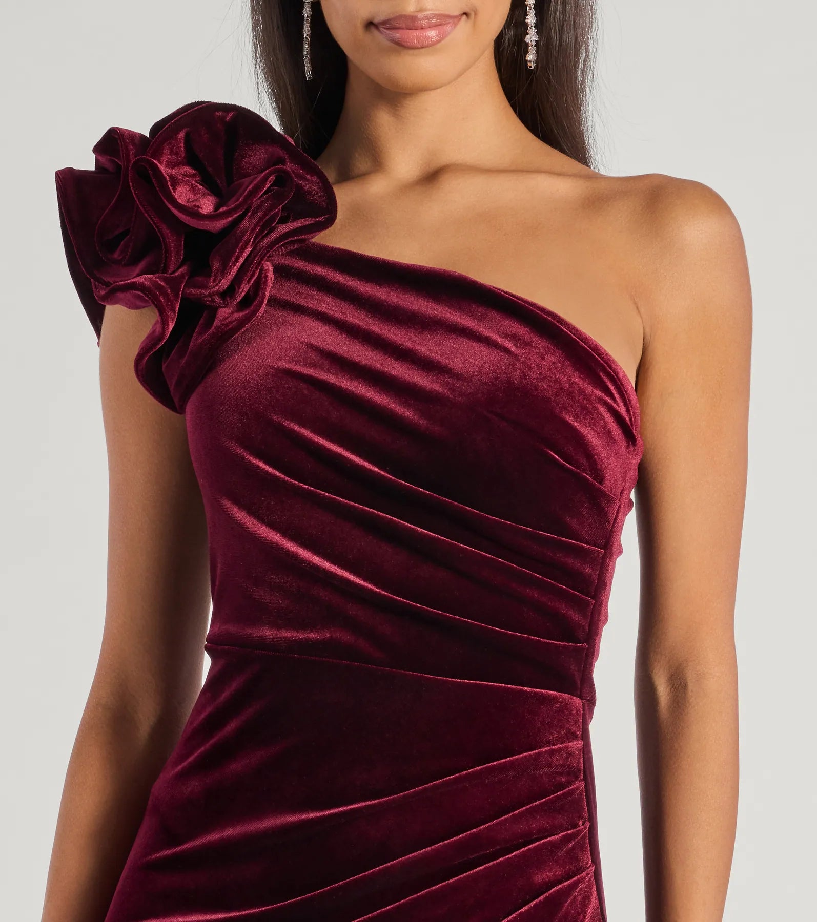 Premium Freida Velvet Ruffled One-Shoulder Evening Gown