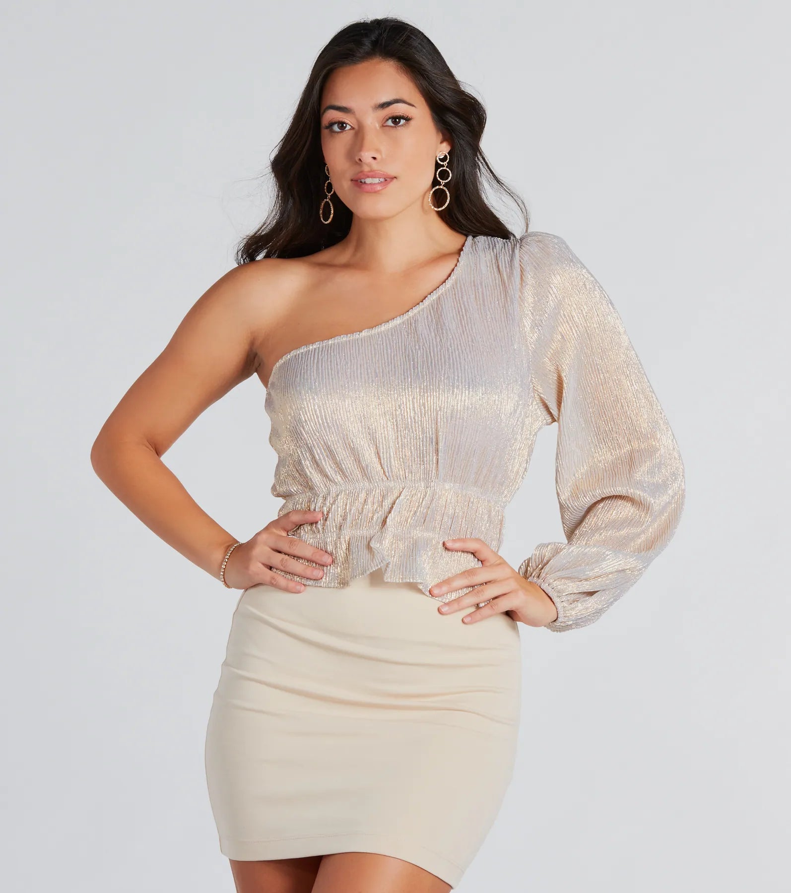 Premium Metallic Glam One-Shoulder Crop Top