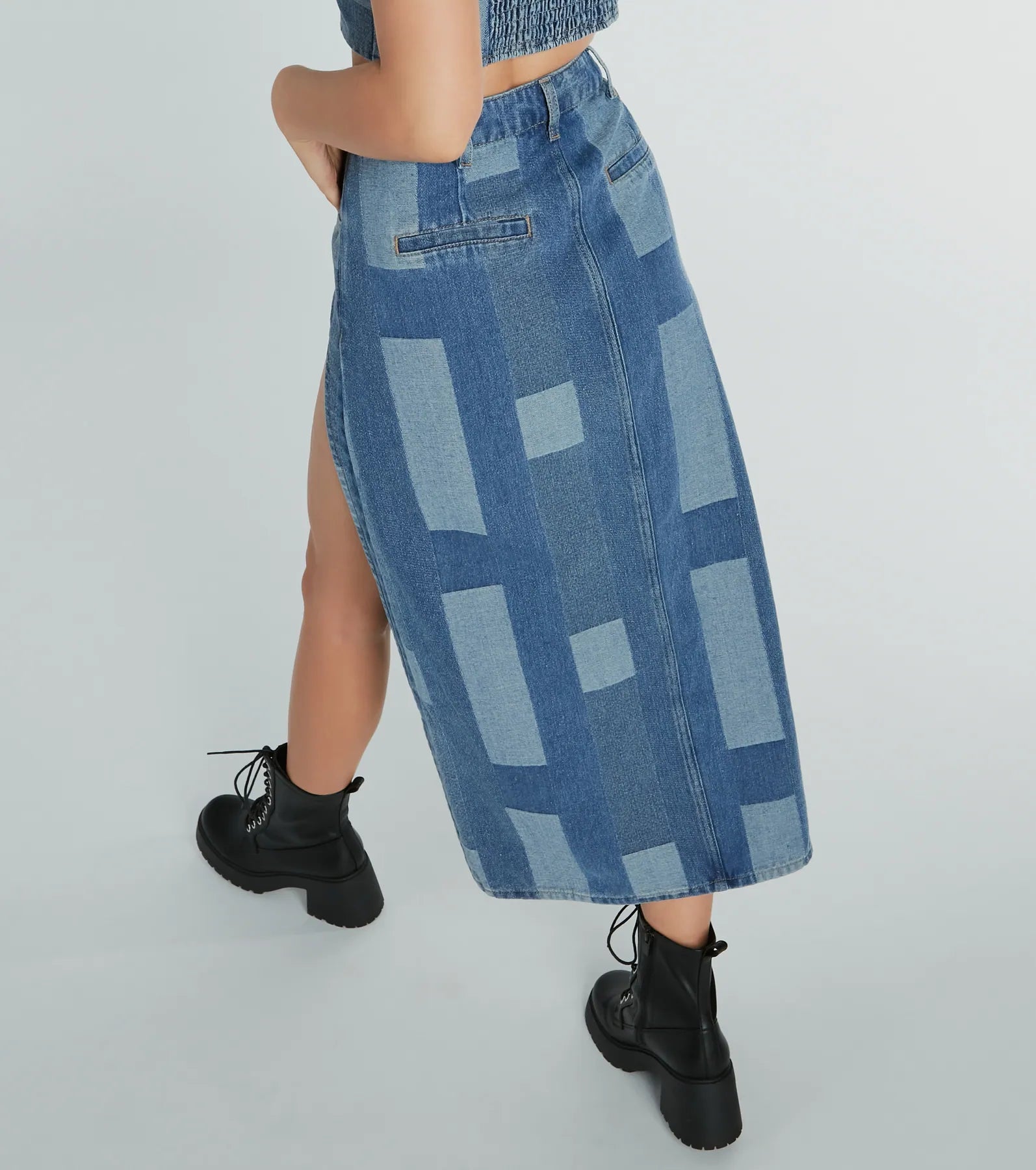 Ultimate Retro Chic High Slit Patchwork Denim Maxi Skirt