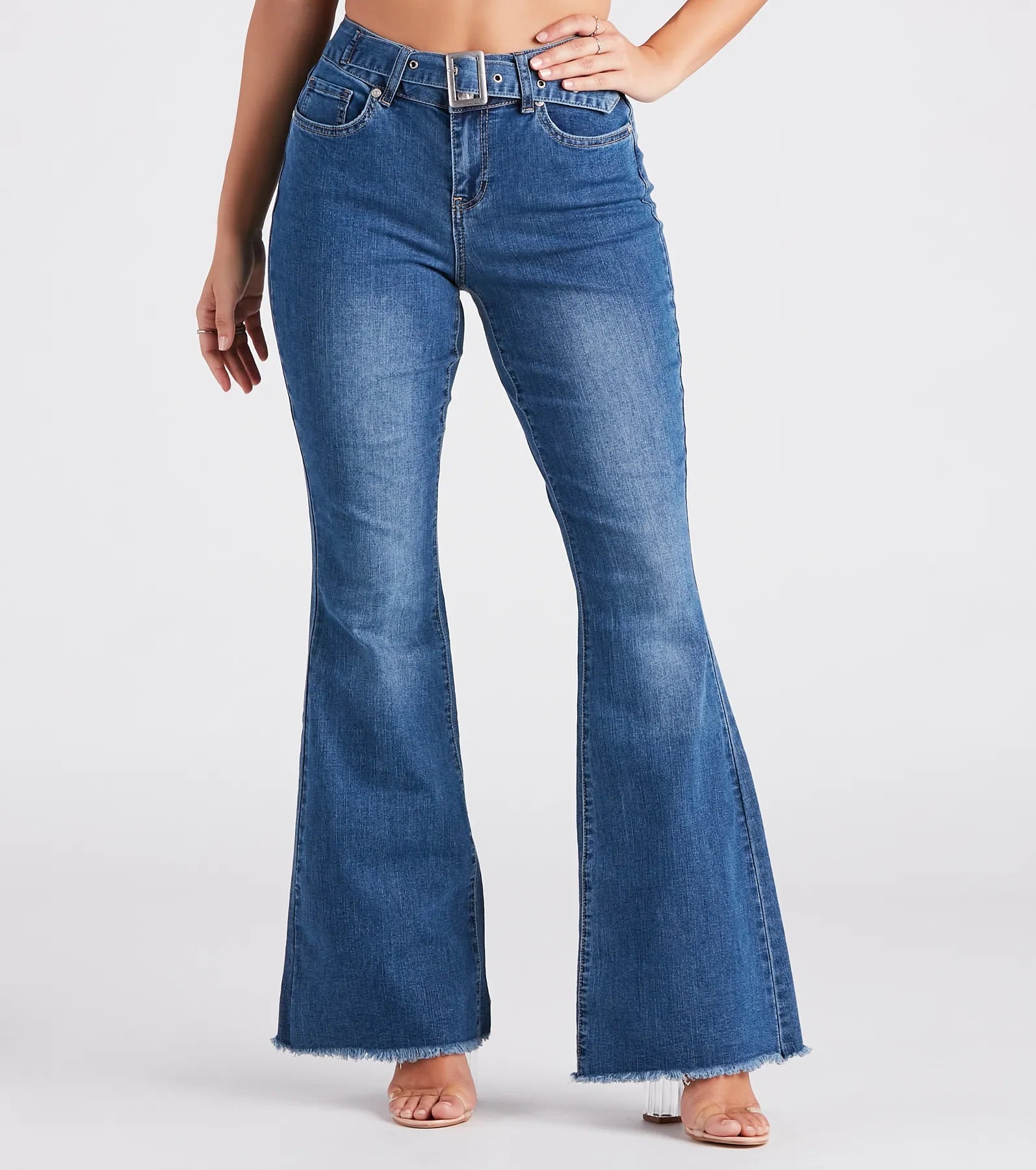 Premium Mid-Rise Belted Flare Jeans - Windsor Denim Collection